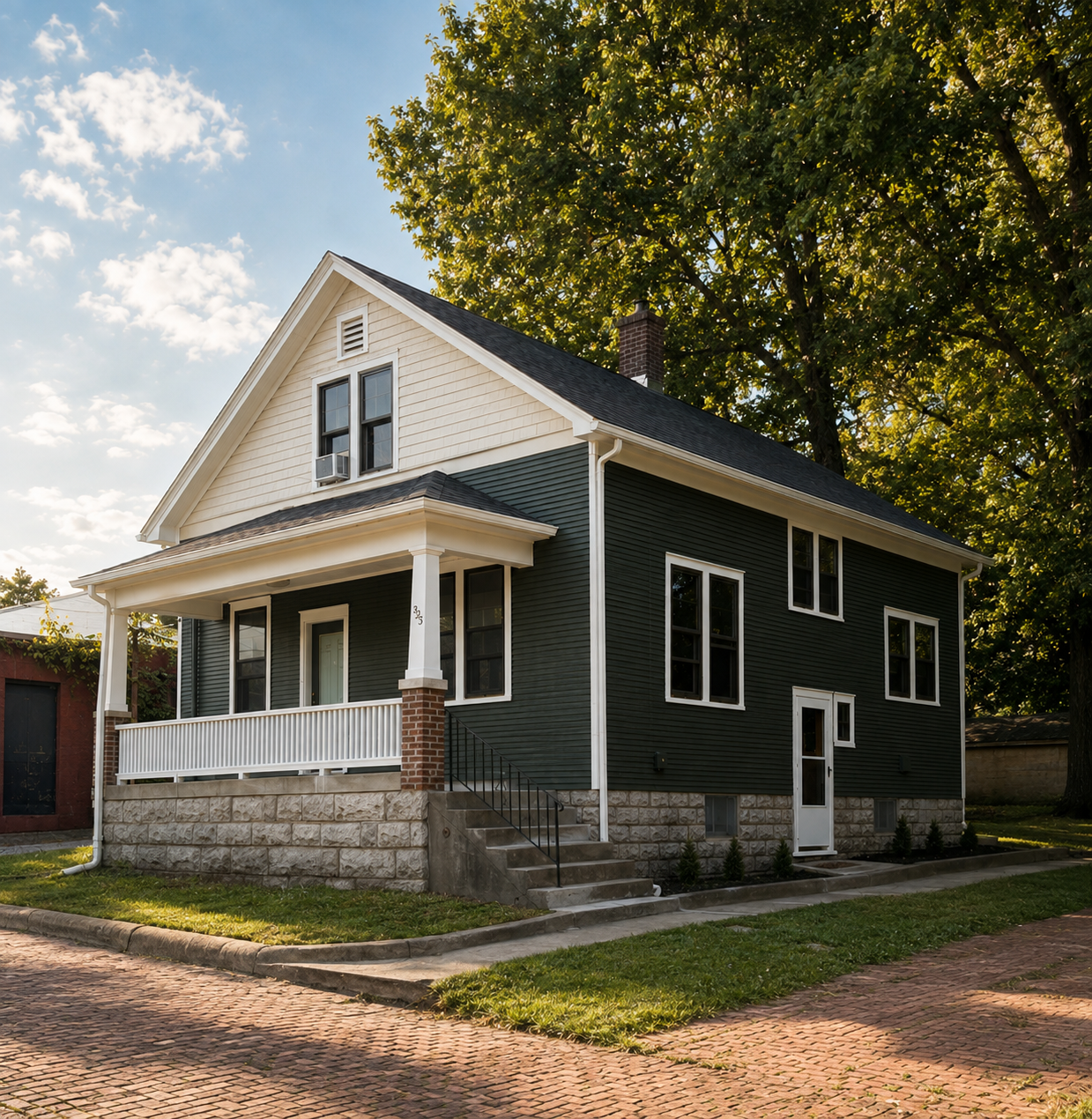 A two-story house with a dark green exterior, white trim, and a covered front porch. New architectural shingle roof. Historic home saved in Alton Illinois on Pearl street. Wood siding has been sanded, primed, and painted. 