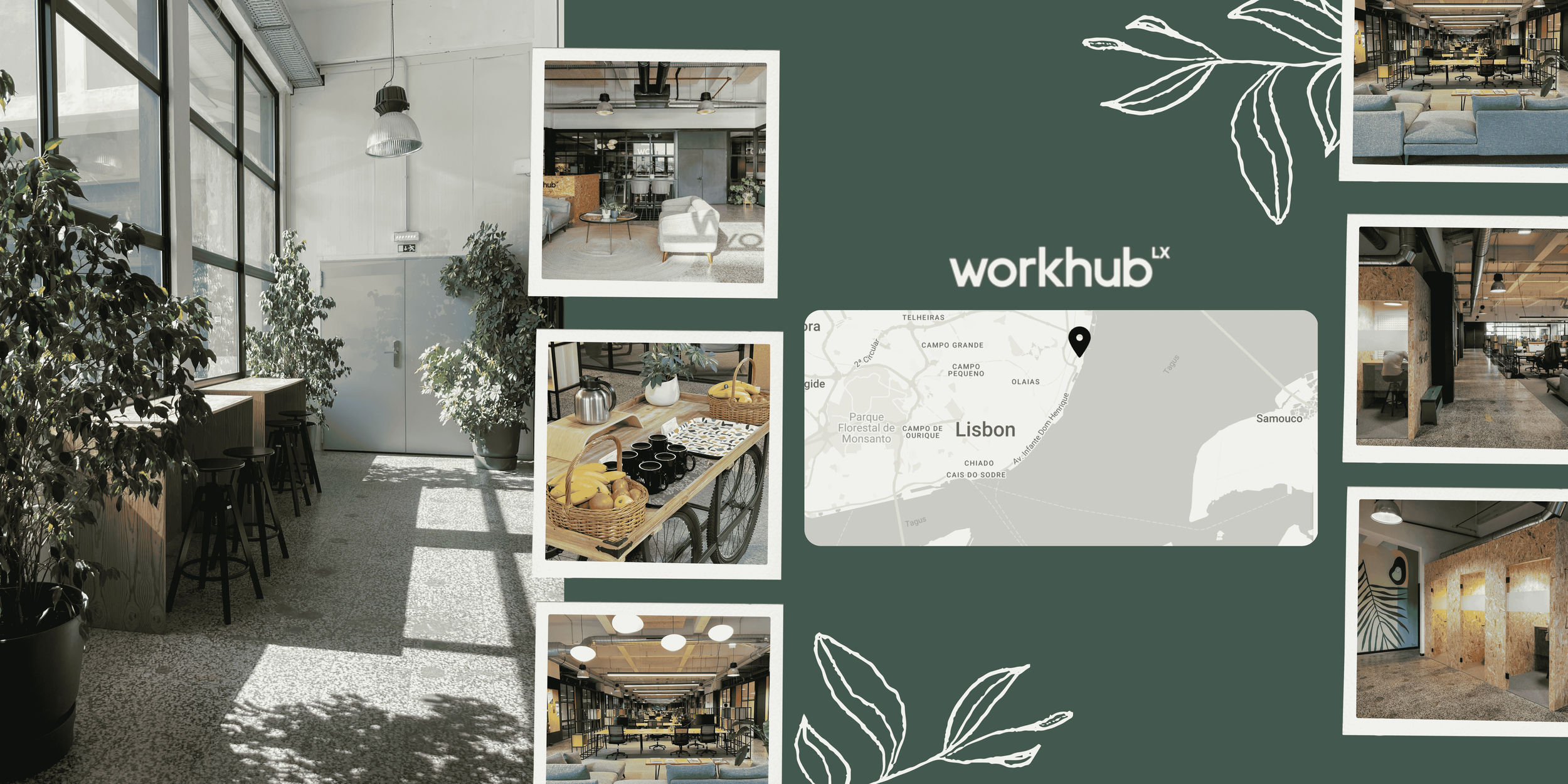 Collage of WorkHub Matinha coworking space in Lisbon with sunlit interiors, plants, shared workspaces, lounge areas, and modern industrial design.