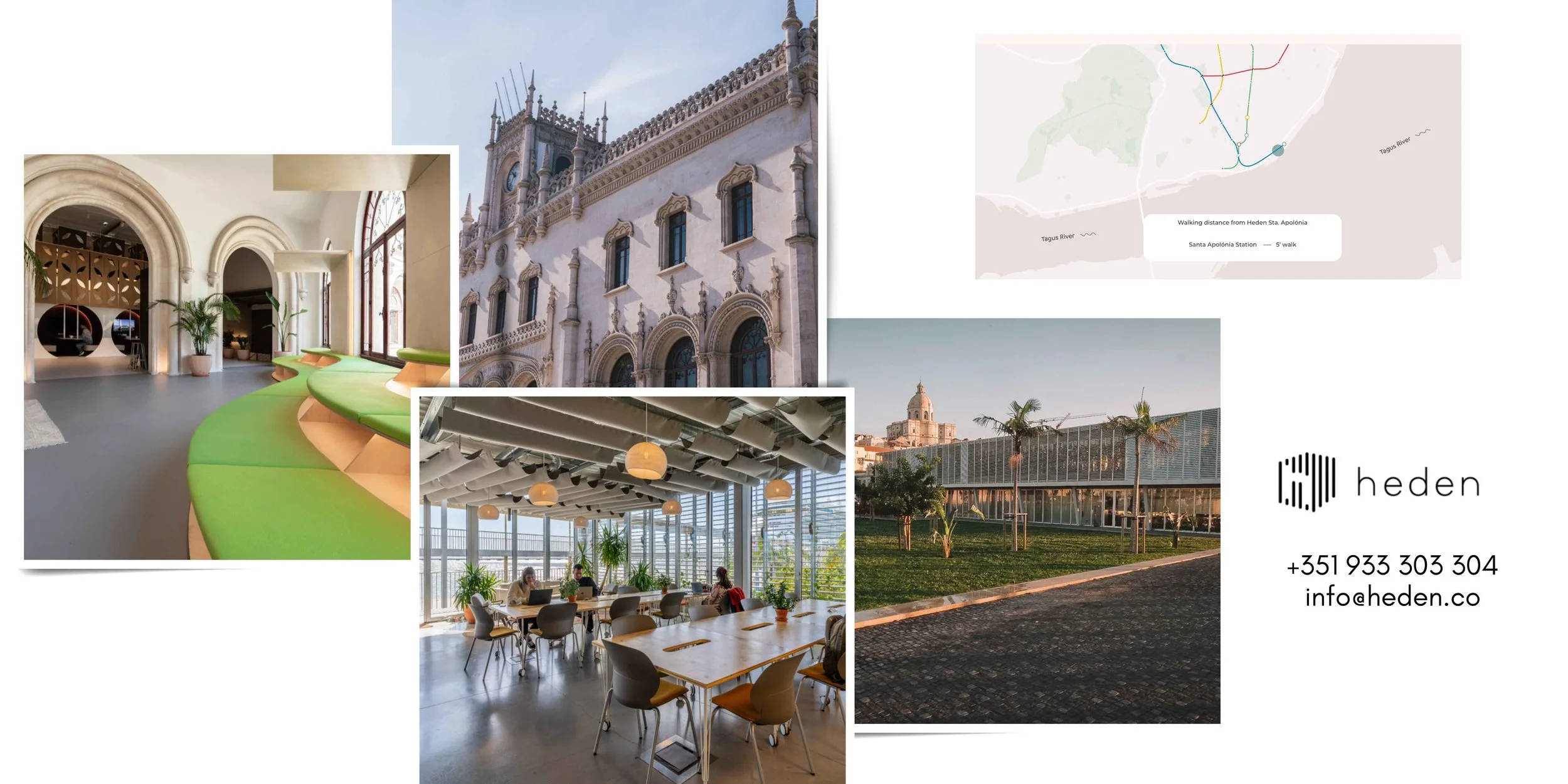 Collage of Heden Santa Apolónia coworking space in Lisbon with modern interiors, riverfront views, shared workspaces, and historic architecture.