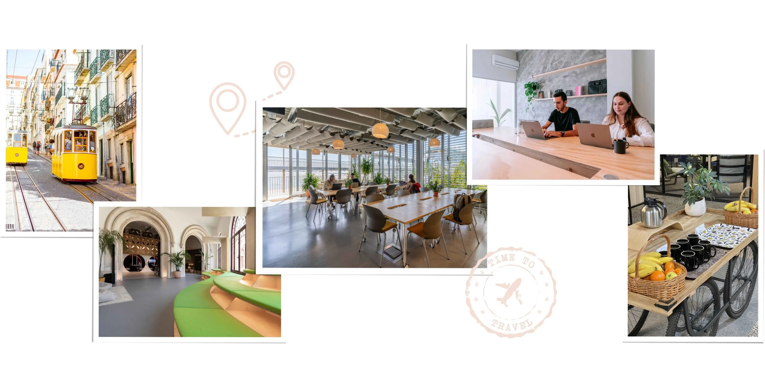 Collage of coworking spaces in Portugal featuring Lisbon trams, modern coworking interiors, remote workers, and community-focused workspaces.