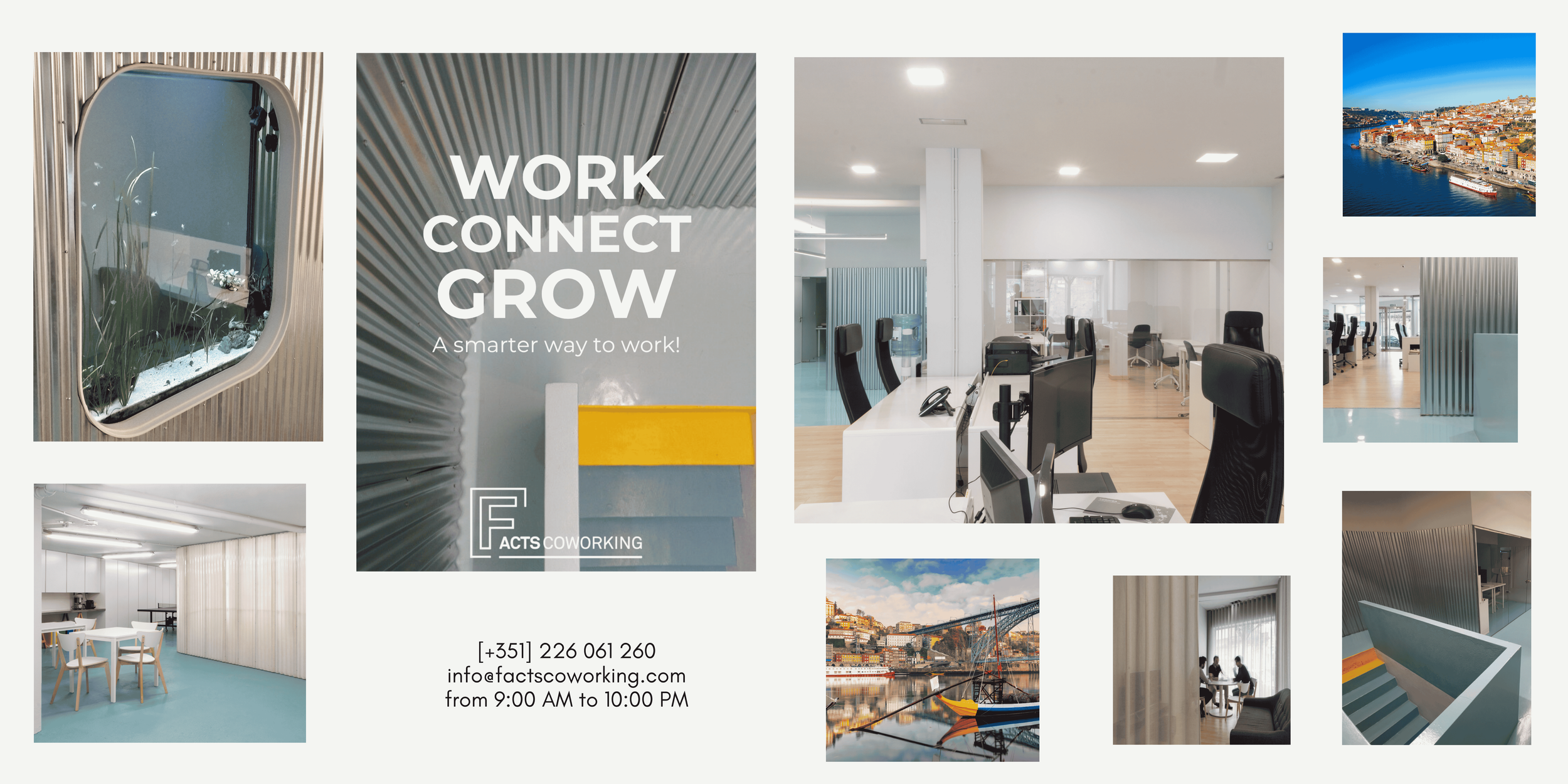 Collage of FACTS Coworking in Porto featuring quiet office spaces, shared desks, modern interiors, and views of Porto, Portugal.