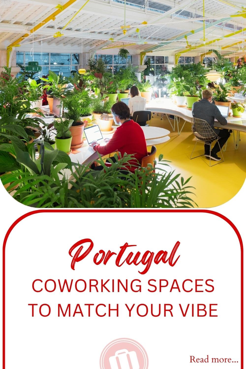 Pinterest graphic for a Portugal packing list for women featuring a coworking space with plants, remote workers, and bold red travel text.