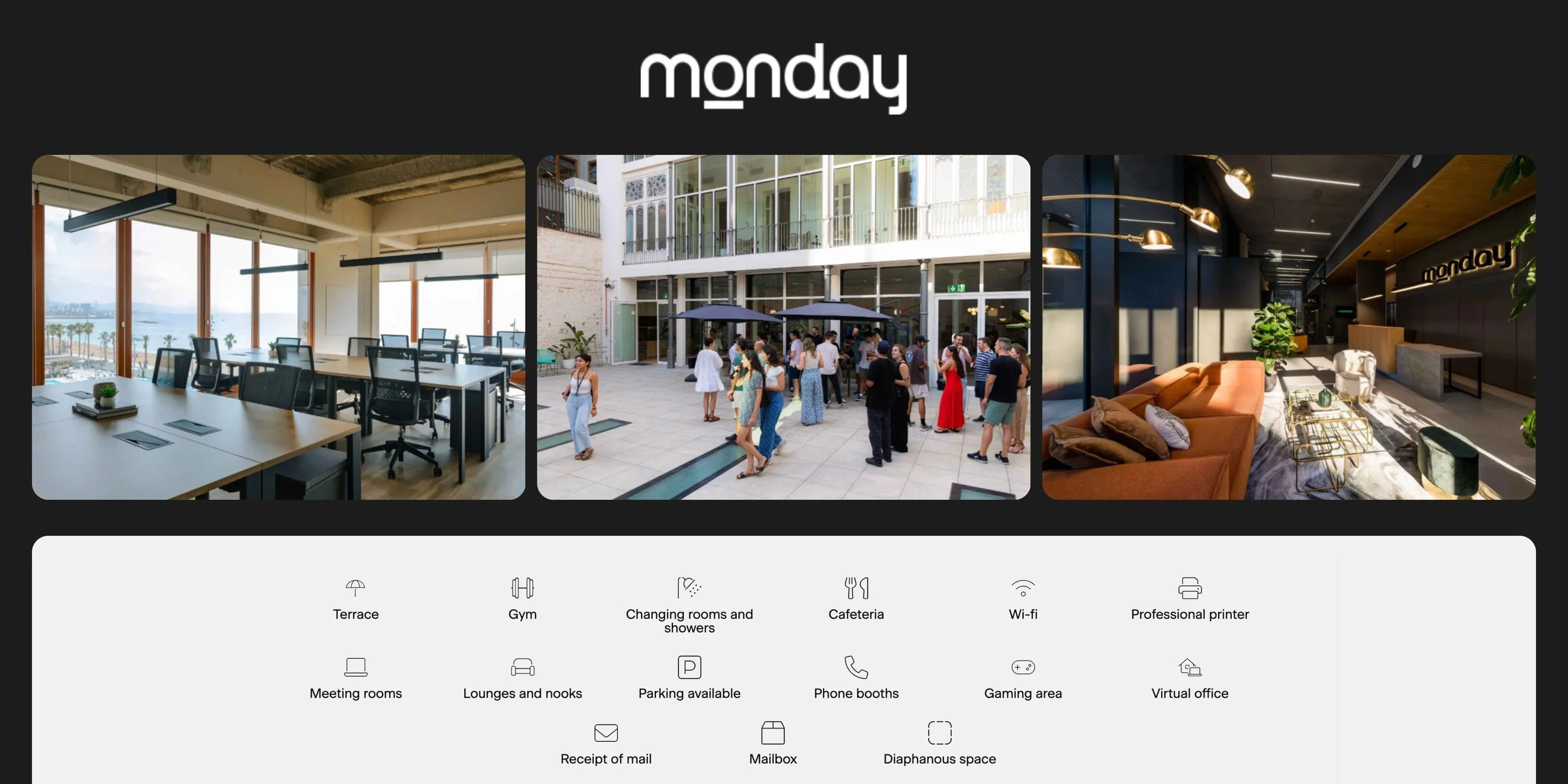 Collage of Monday coworking space in Lisbon featuring rooftop workspaces, networking events, lounge areas, and modern office interiors.