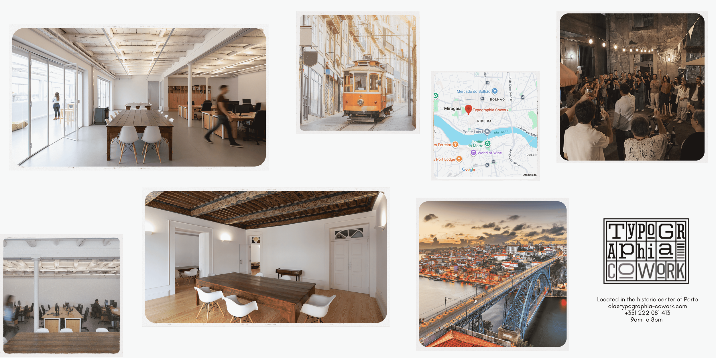 Collage of Typographia Cowork in Porto featuring historic coworking interiors, communal tables, Porto tram streets, and a community event.