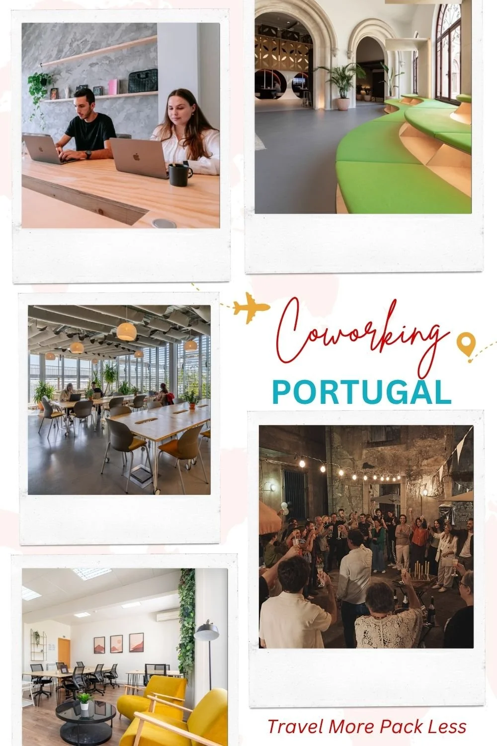 Pinterest collage featuring coworking spaces in Portugal with modern interiors, remote workers, social events, and creative workspaces in Lisbon and Porto
