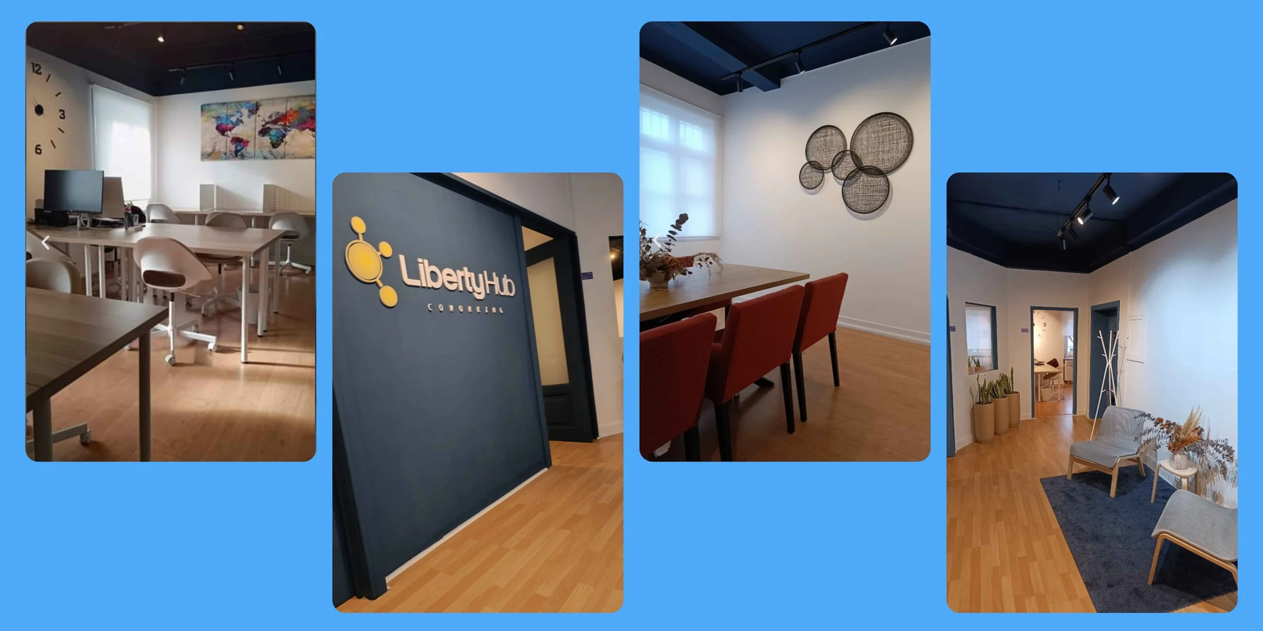 Collage of Liberty Hub coworking space in Braga with shared desks, meeting rooms, quiet office interiors, and modern workspace design.