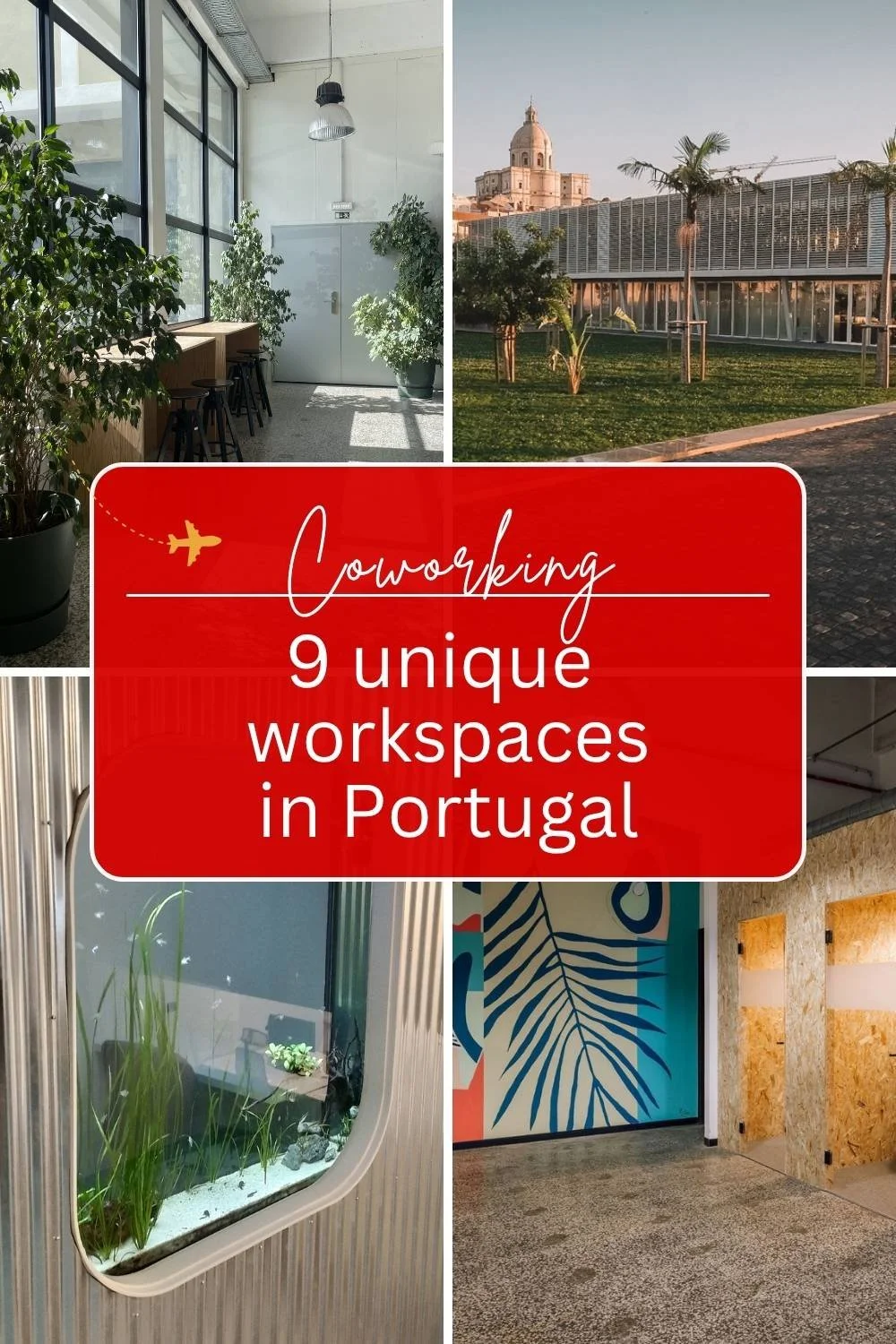 Pinterest graphic featuring modern coworking spaces in Portugal with bright interiors, plants, and workspace design for remote workers and digital nomads.