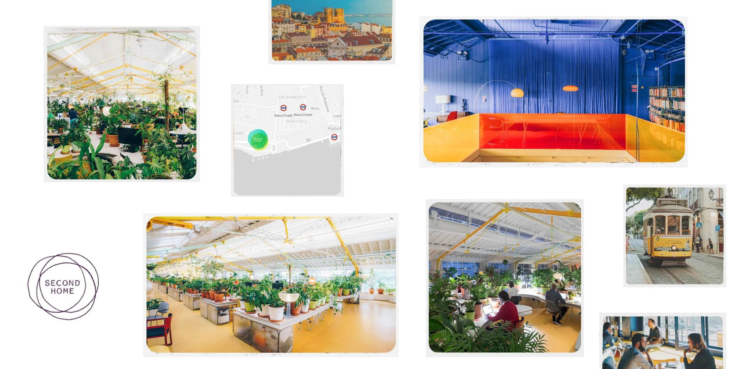 Collage of Second Home coworking space in Lisbon with plant-filled workspaces, colorful interiors, shared desks, and Lisbon street scenes.