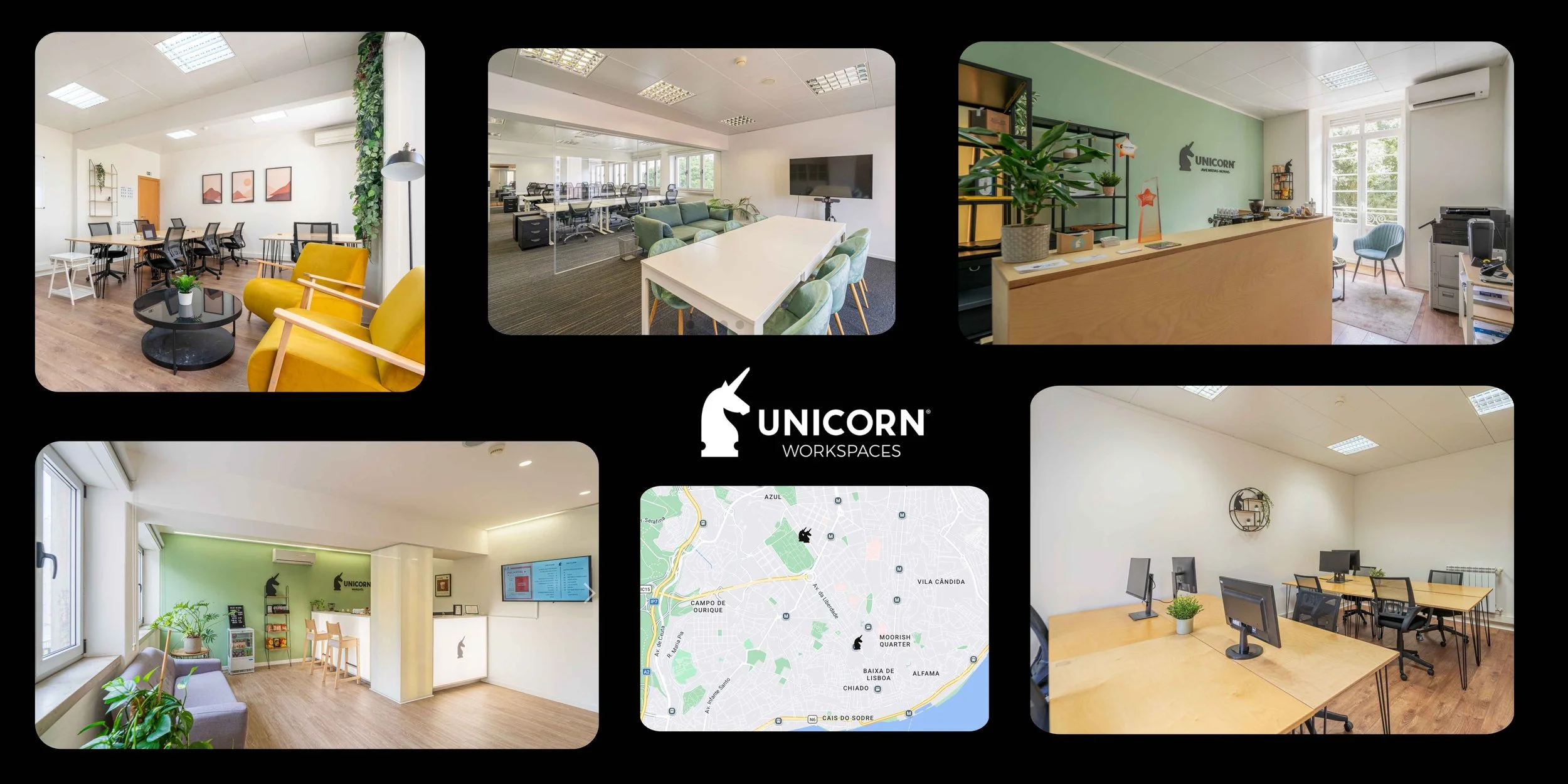 Collage of Unicorn Workspaces in Lisbon featuring private offices, meeting rooms, shared desks, and modern coworking interiors.