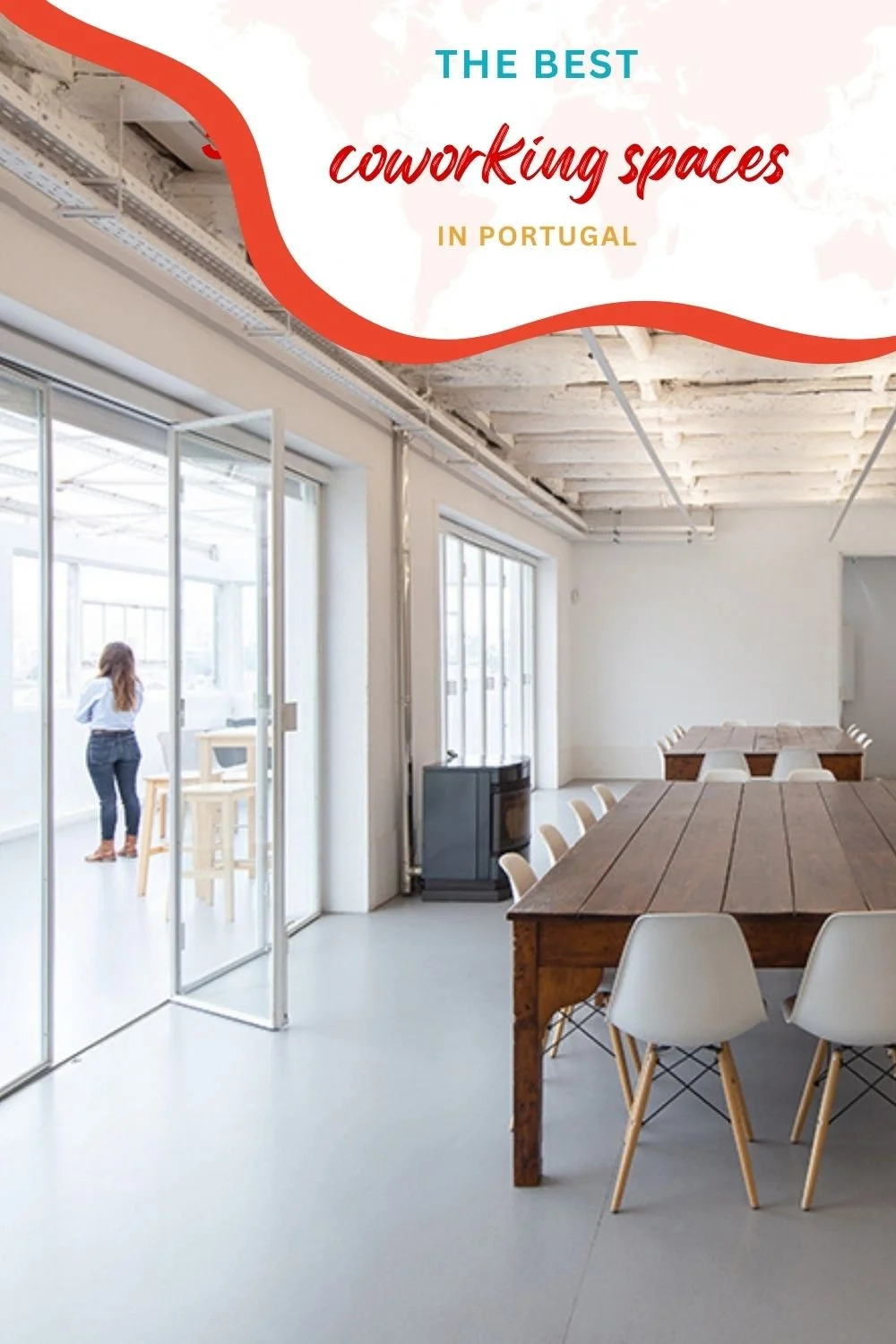 Pinterest graphic featuring a bright minimalist coworking space in Portugal with large communal tables, natural light, and modern remote work interiors.