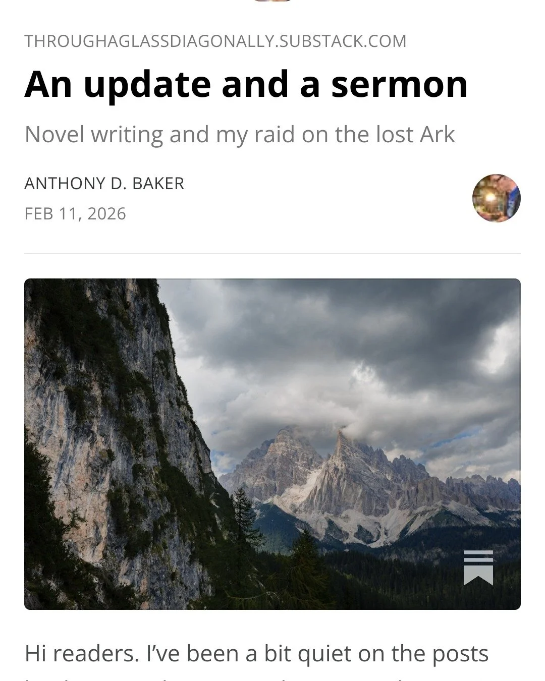 Hi, I'm Tony, a theology professor and author. This is my latest post on substack, which you can find at the link below. I'd love to hear what you think. 

https://open.substack.com/pub/throughaglassdiagonally/p/an-update-and-a-sermon?r=oec6y&amp;utm