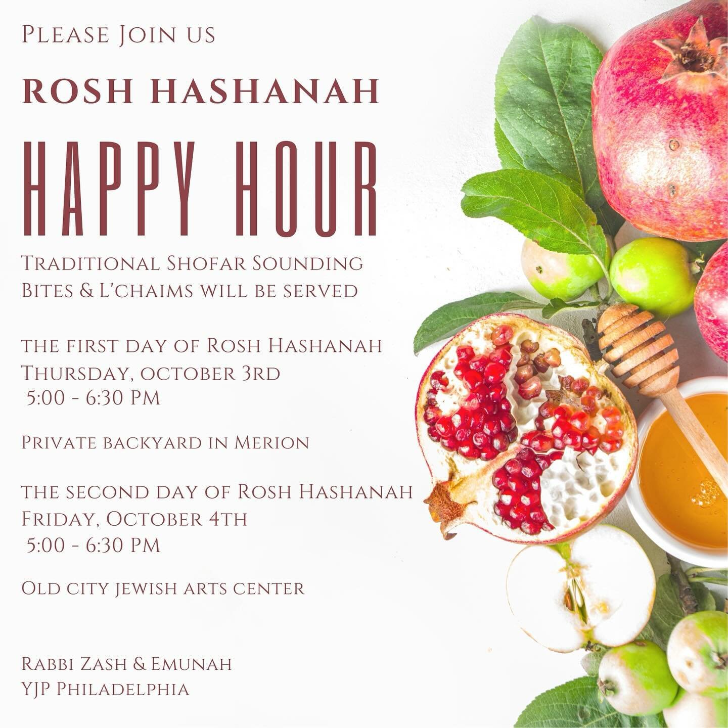 Join us for a Rosh Hashanah Happy Hour! Ring in the new year with  the powerful sound of the Shofar, light bites &amp; L&rsquo;chaims. Two days, two locations!