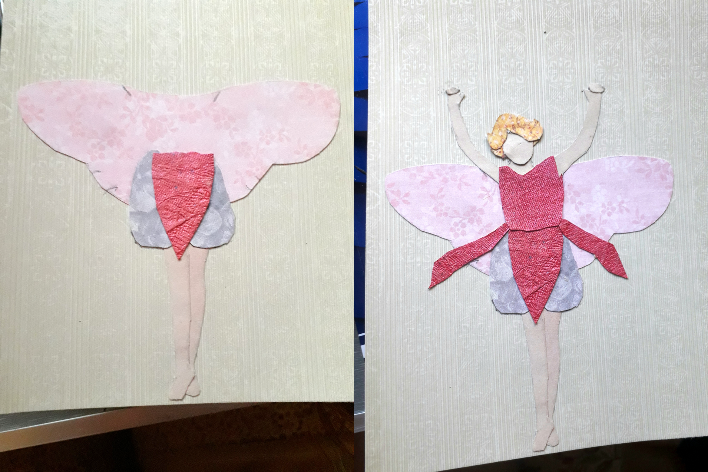 Two images showing the process of putting paper shapes together to make a collage of a fairy