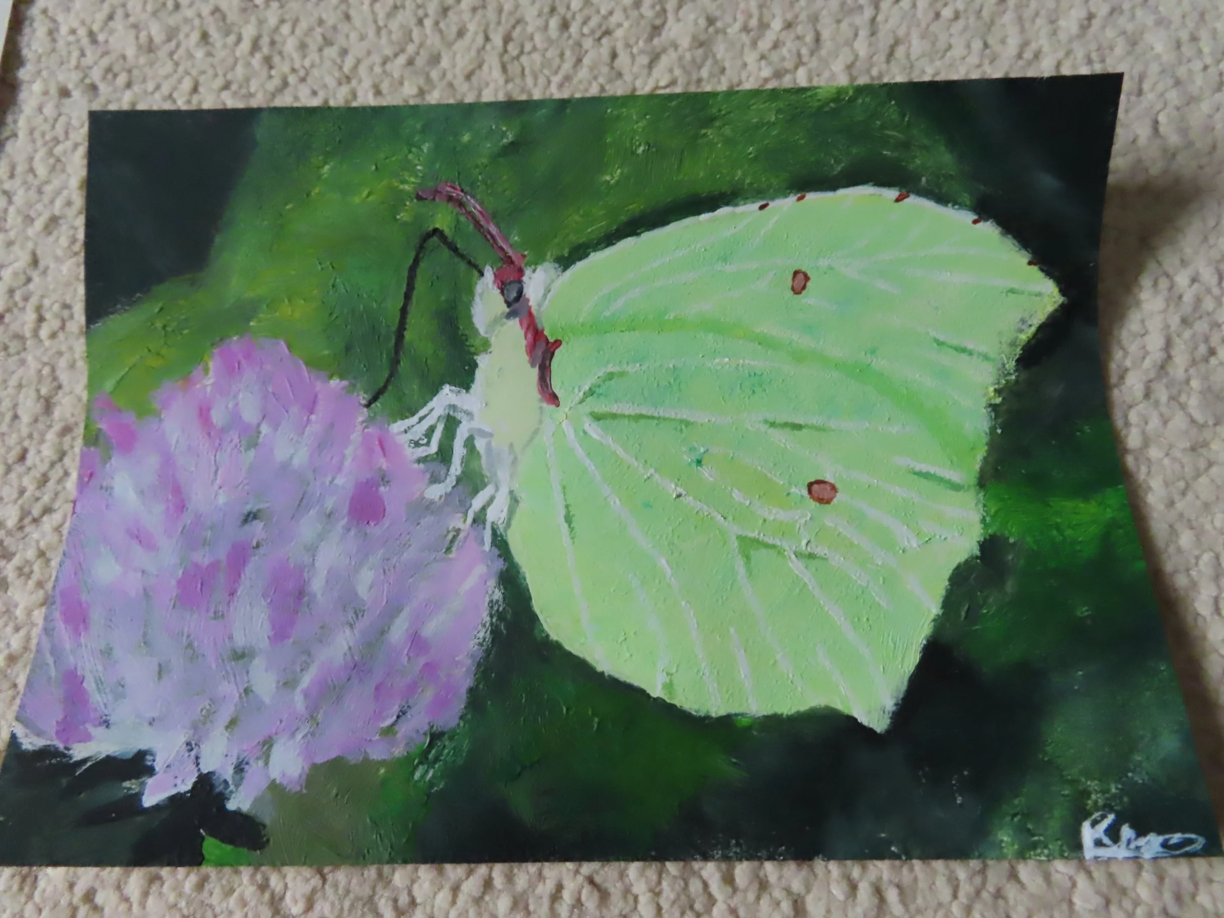 A painting of a green butterfly on a pink flower