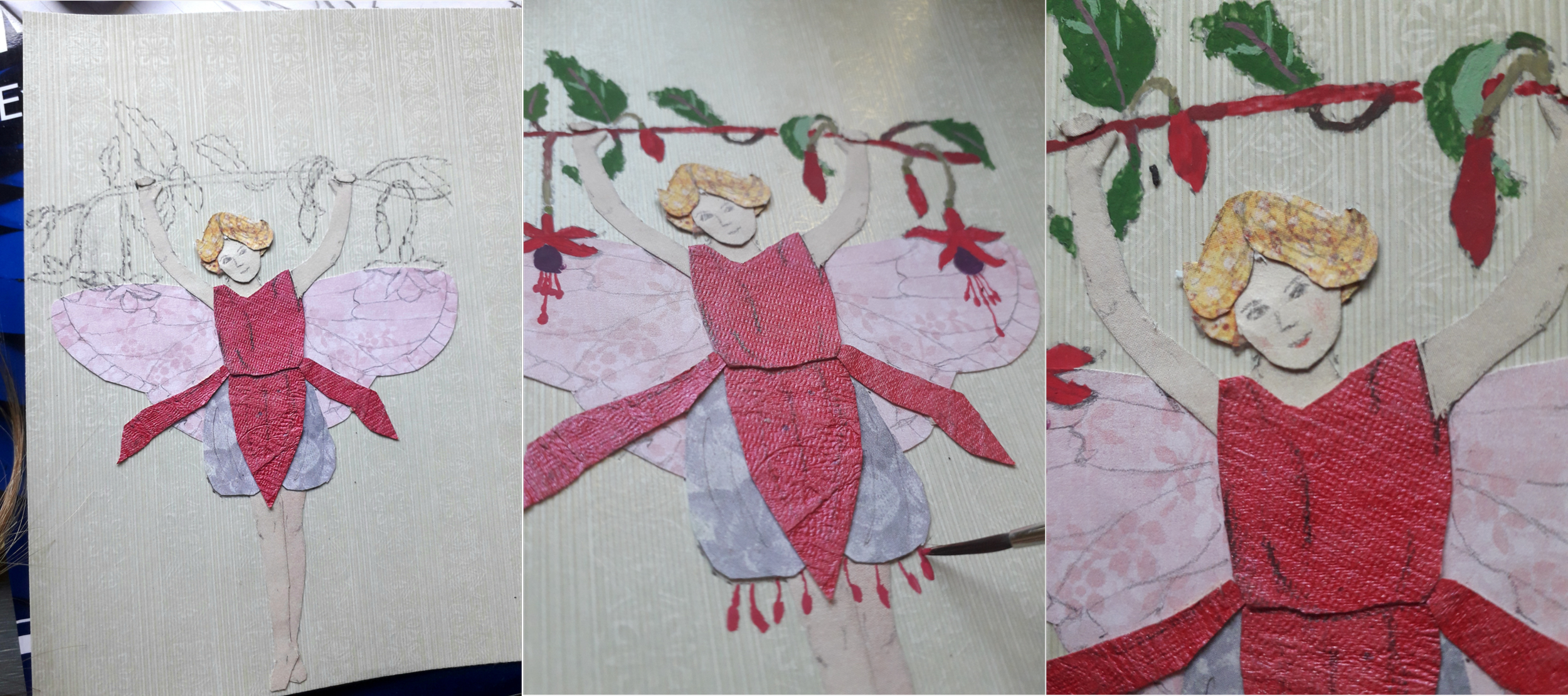 Three images showing the gradual adding details to a collage picture of a fairy. Left: the addition of details in pencil; centre: a paintbrush adding details in acrylic paint; right: a close-up of details added to the fairy's face in coloured pencil