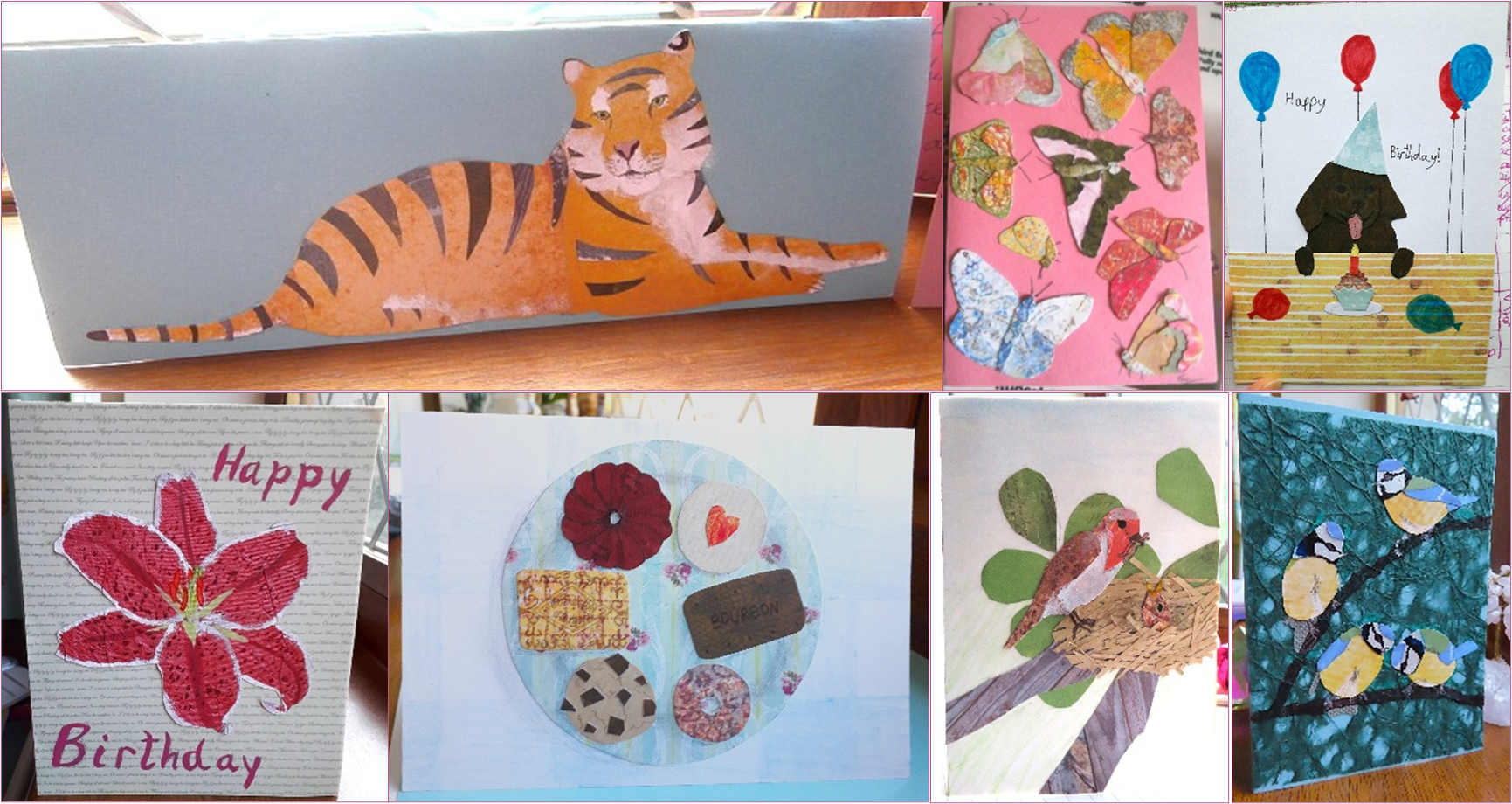 Seven images showing handmade cards, with different designs. First row, left to right: tiger, butterflies, brown dog in party hat; bottom row, left to right: pink lily, plate of biscuits, robin feeding chick, four blue tits