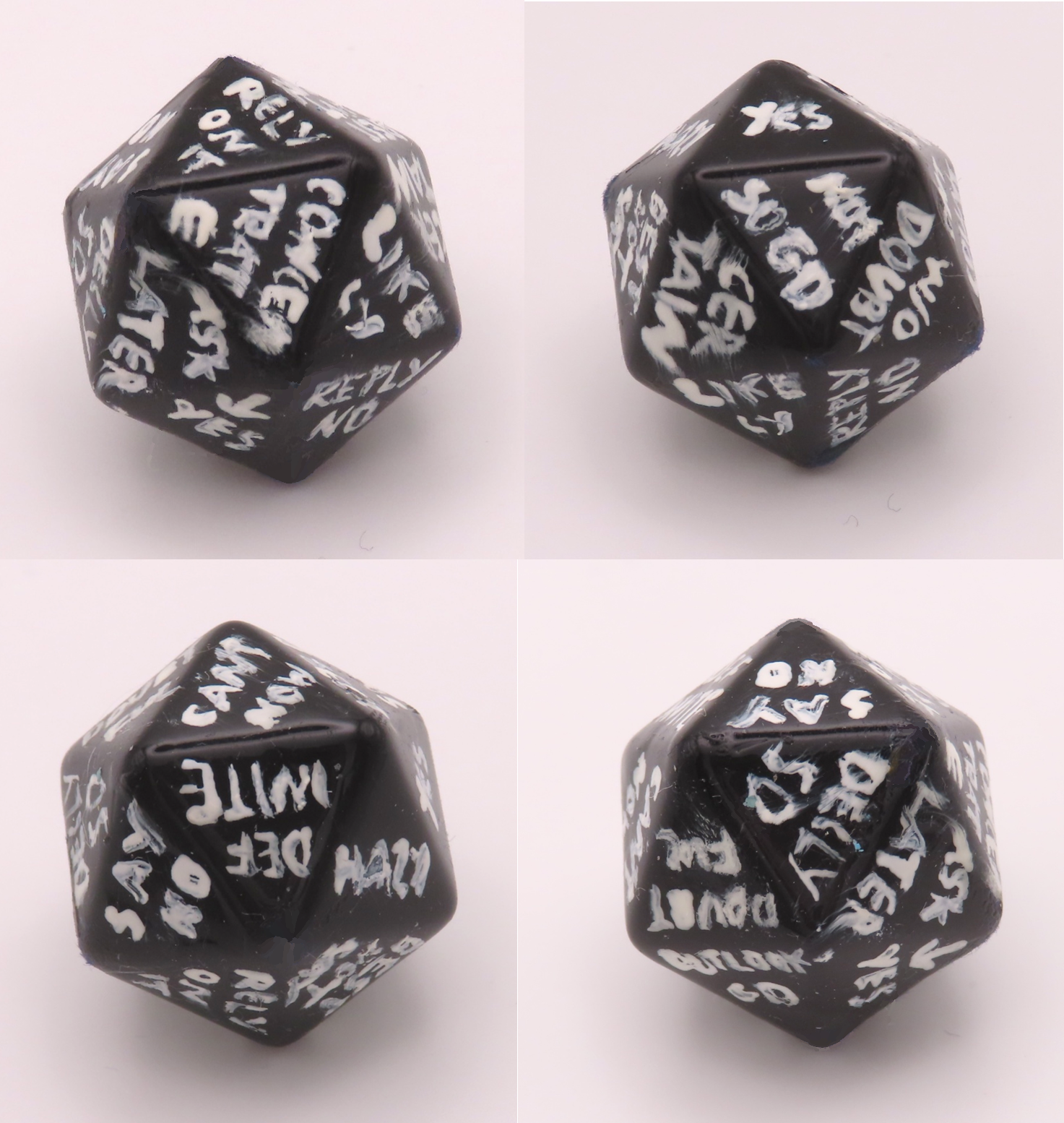 Four images of a black twenty-sided die, with each face painted with words representing Magic 8 Ball answers, such as "concentrate", "definite", "yes" or "doubtful"