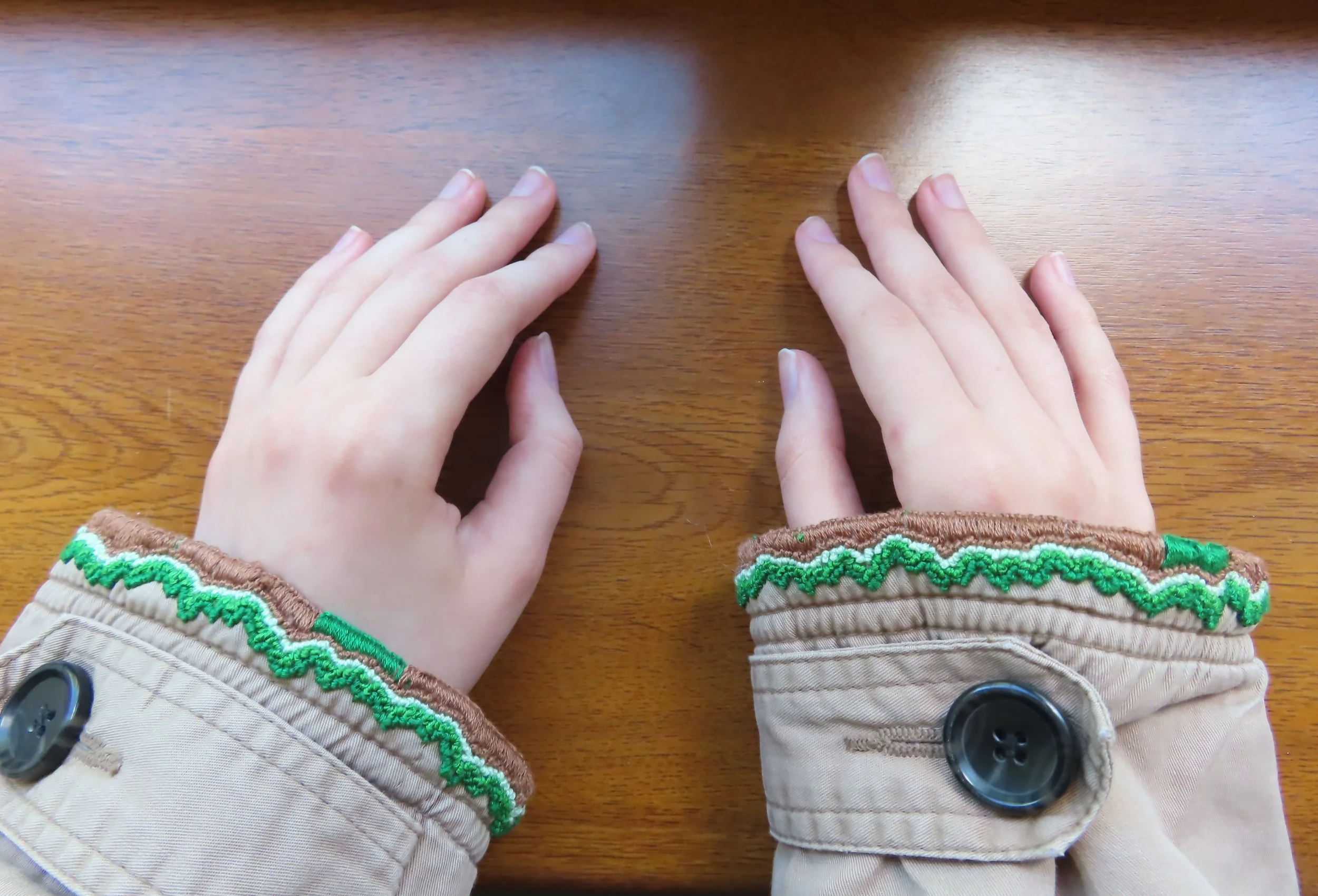 Hands coming out of brown coat sleeves embroidered with greens and browns in a zigzag pattern