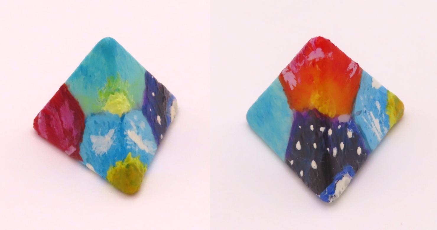 Two images of a tetrahedron die, its vertices depicting the sky at sunrise, sunset, midday and night