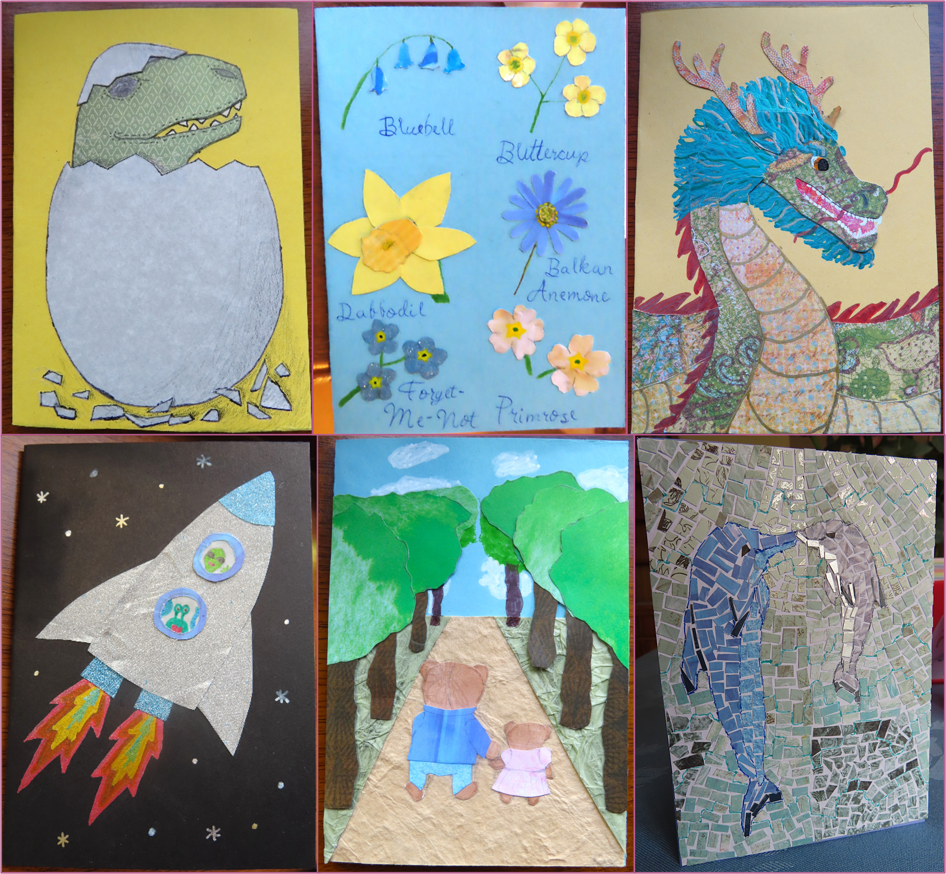 Six images showing handmade cards, with different designs. First row, left to right: baby T-Rex in egg, yellow and blue flowers, Chinese dragon; bottom row, left to right: cartoon rocket, teddy bears walking through trees, mother and baby dolphin