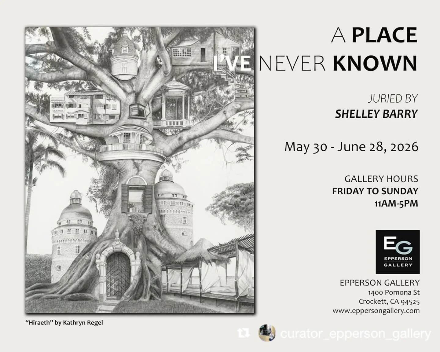 Repost from @curator_epperson_gallery
&bull;
This is the FINAL WEEKEND to see the wonderful &ldquo;A Place I&rsquo;ve Never Known&rdquo; exhibit at the Epperson Gallery in Crockett! The gallery will be open Friday to Sunday from 11am to 5pm. Street p