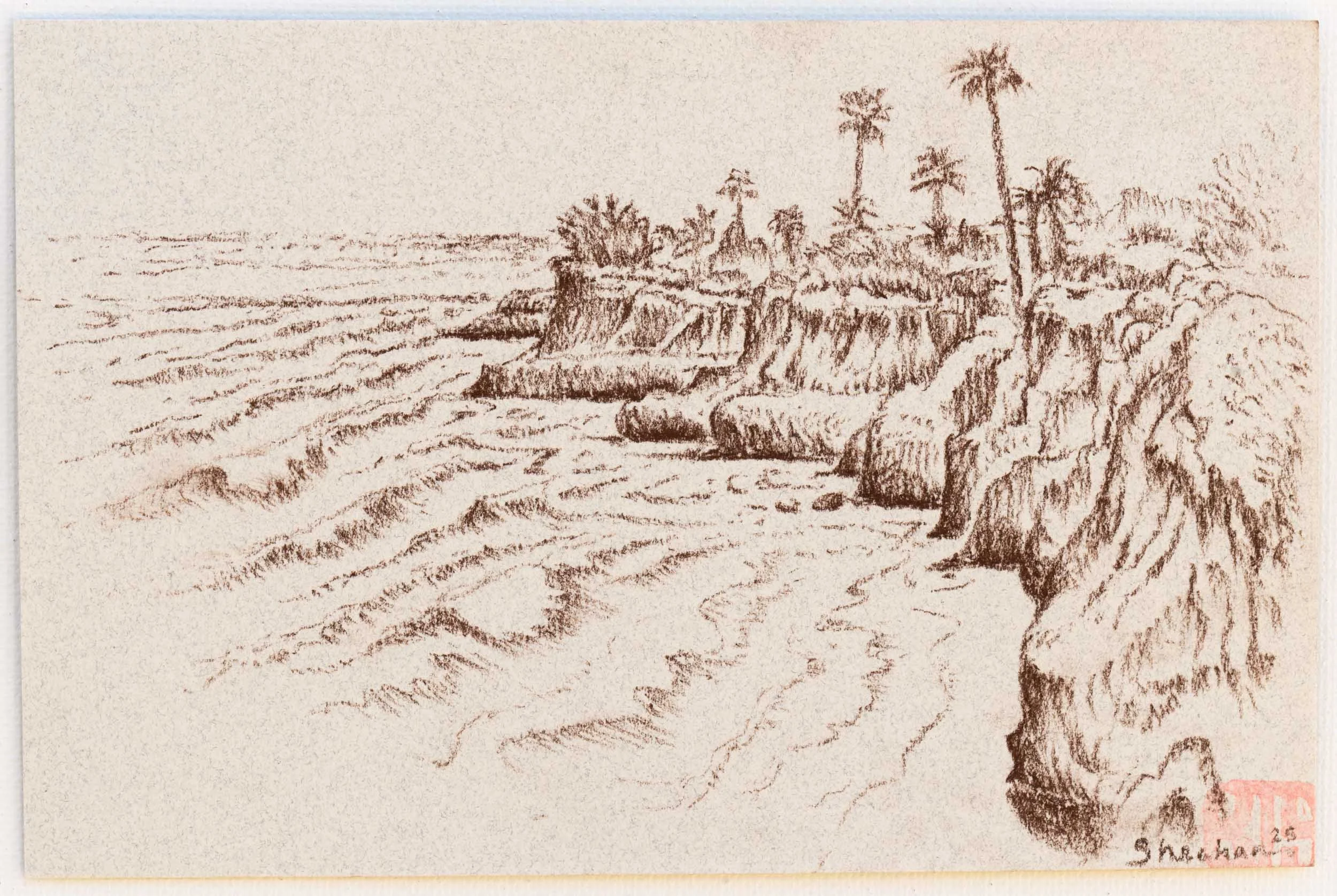 Pleasure Point. 2025, Sepia Conté à Paris pencil on off white/light grey paper. (4 x 6 in.)
