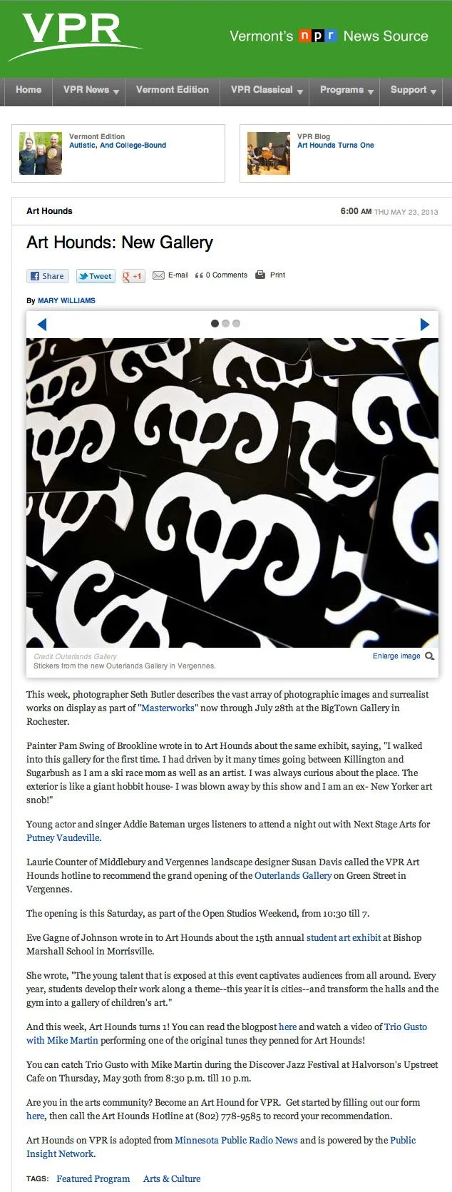 Vermont Public Radio, “Art Hounds: New Gallery,” VT, May 23, 2013