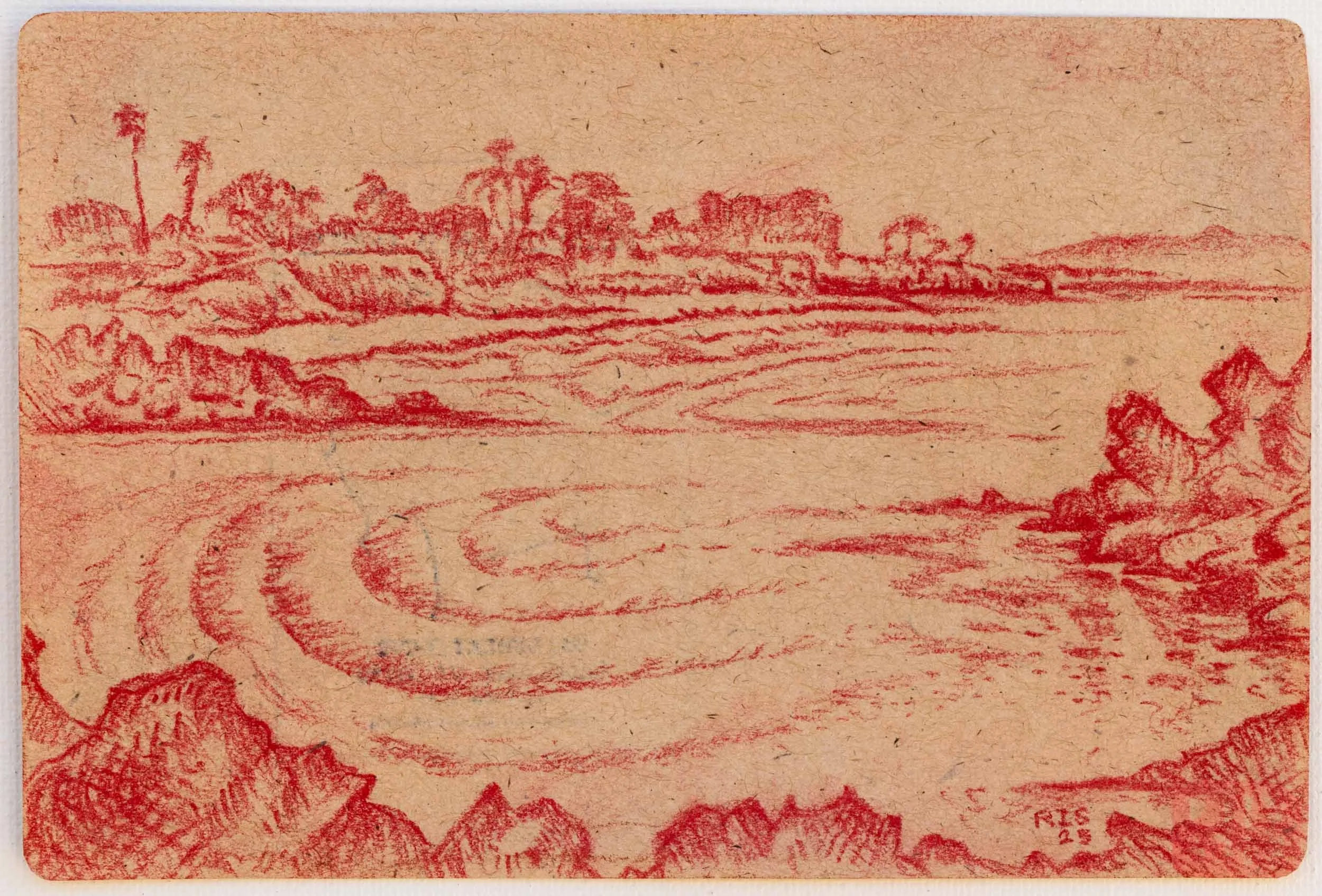 Twin Lakes. 2025, Sanguine Conté à Paris crayon on brown paper. (4 x 6 in.)