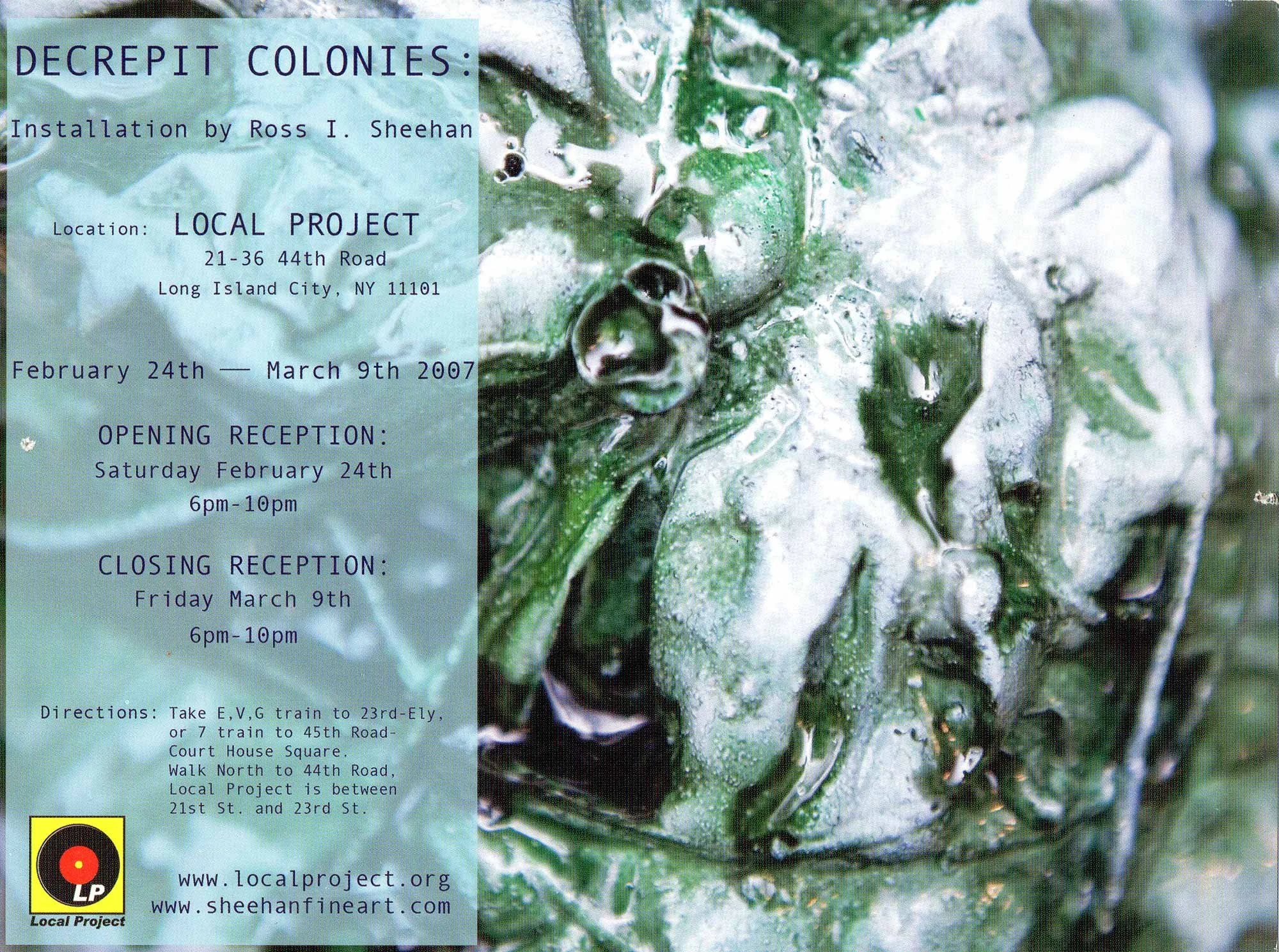 Postcard for solo exhibit “Decrepit Colonies,” at Local Project in Queens, NY, 2007