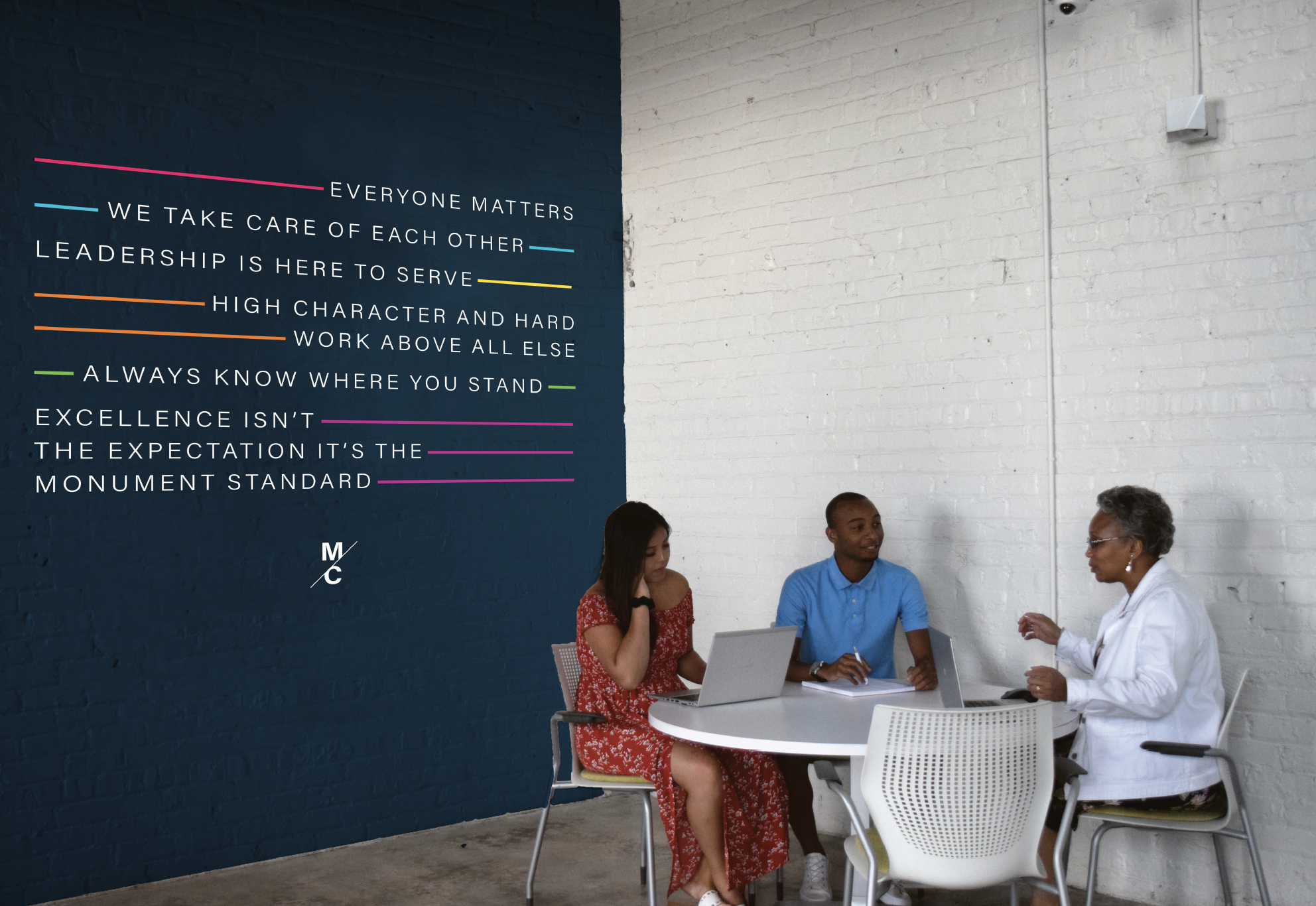 People sitting at a round table in a modern office setting, engaging in a discussion, with a blue brick wall featuring motivational text on the left side of the background.