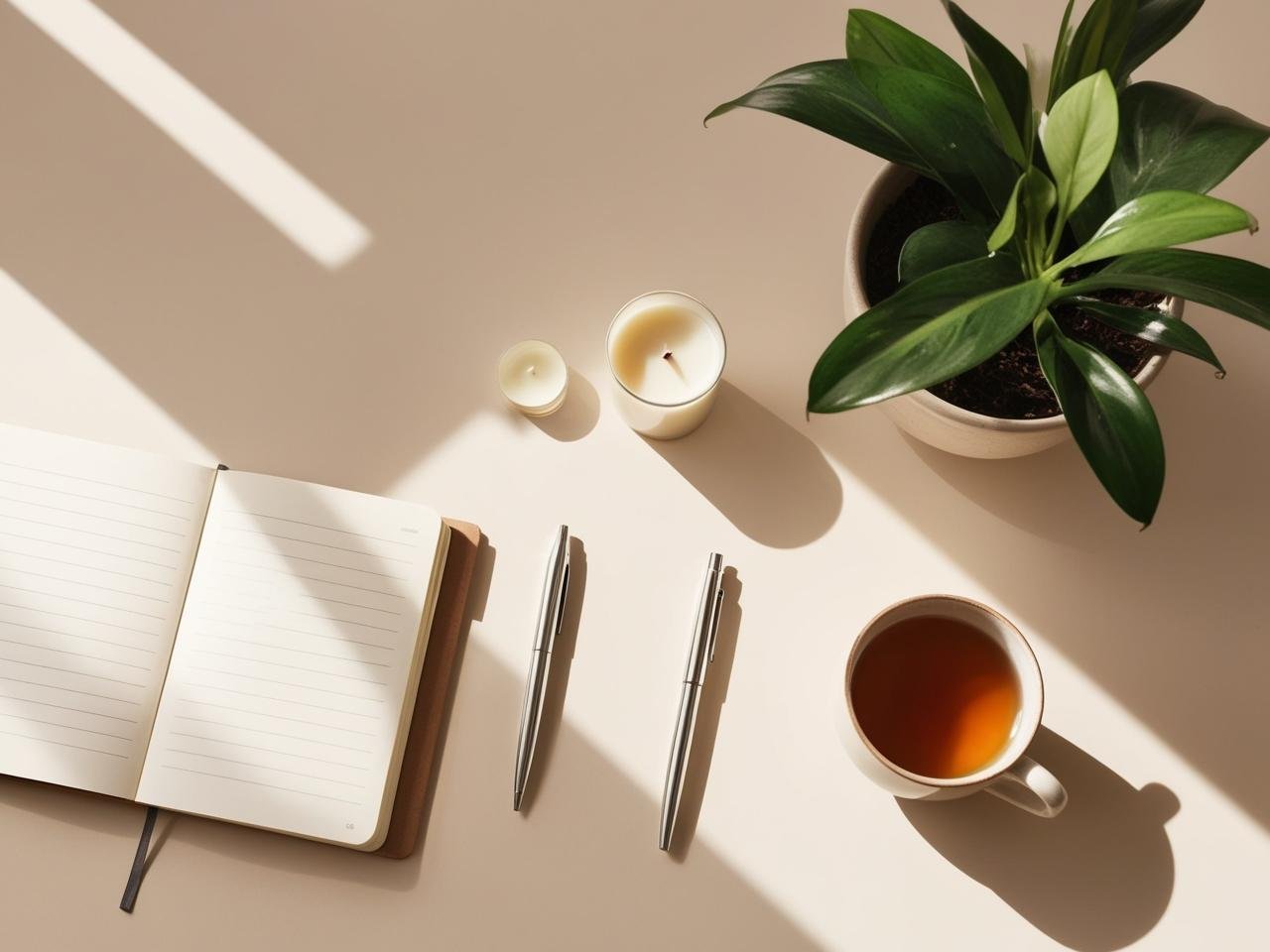 A clean flat lay of a minimalist desk with an open notebook, a pen, a candle, a cup of tea, and a leafy plant. Natural lighting, soft shadows, warm beige tones, cozy and calming aesthetic. No text, lots of white space, overhead view..jpg