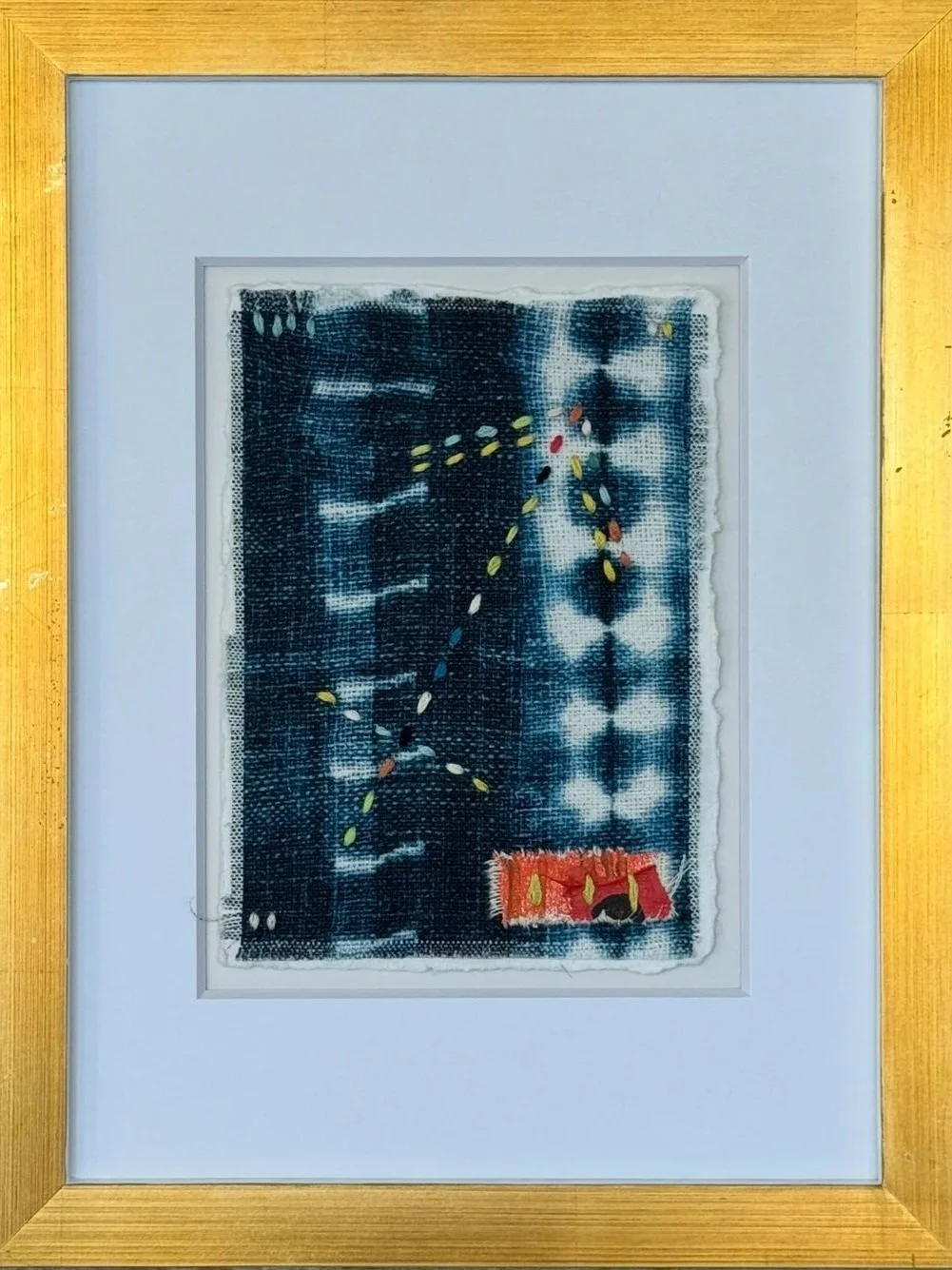 Between the Stars: Sagittarius - Acrylic on Ragged Cotton Paper with Thread Stitching and Torn, Painted Pieces, Mounted in Painted Gold Frame, Finished size 13.5'' x 10.5" (SOLD)