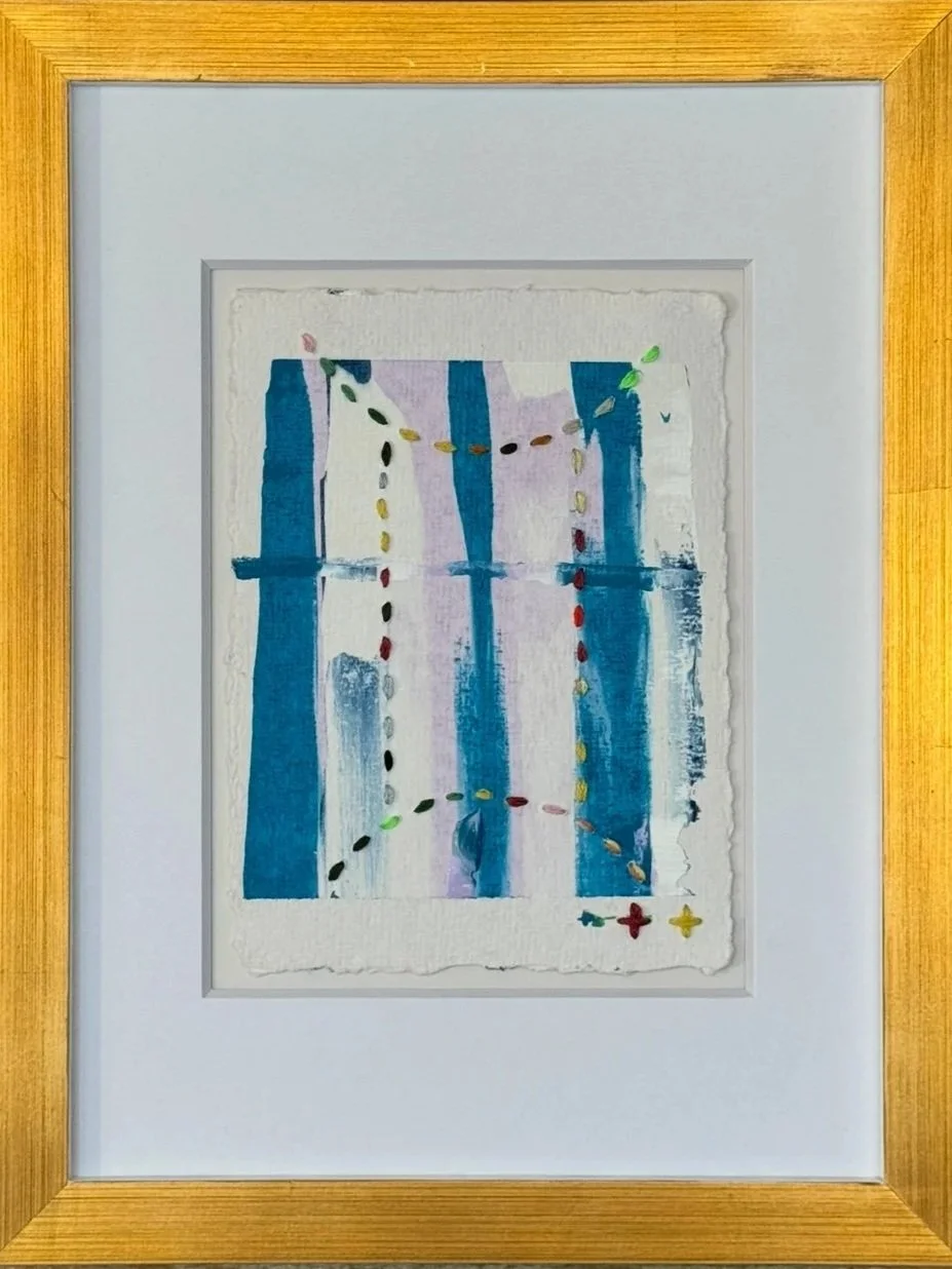 Between the Stars: Gemini - Acrylic on Ragged Cotton Paper with Thread Stitching and Torn, Painted Pieces, Mounted in Painted Gold Frame, Finished size 13.5'' x 10.5" (SOLD)