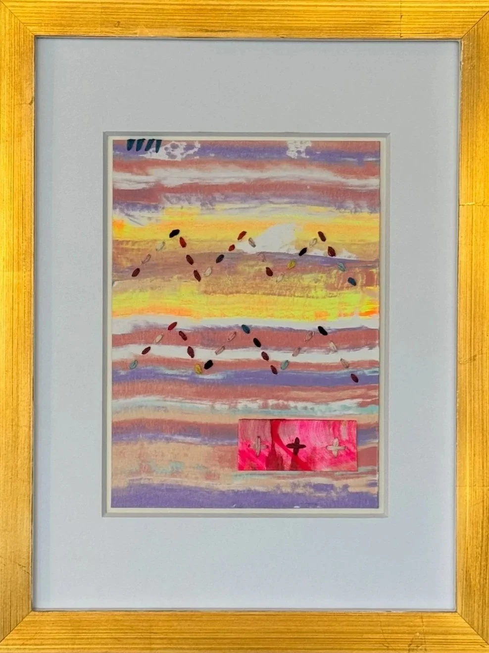 Between the Stars: Aquarius - Acrylic on Ragged Cotton Paper with Thread Stitching and Torn, Painted Pieces, Mounted in Painted Gold Frame, Finished size 13.5'' x 10.5" (SOLD)