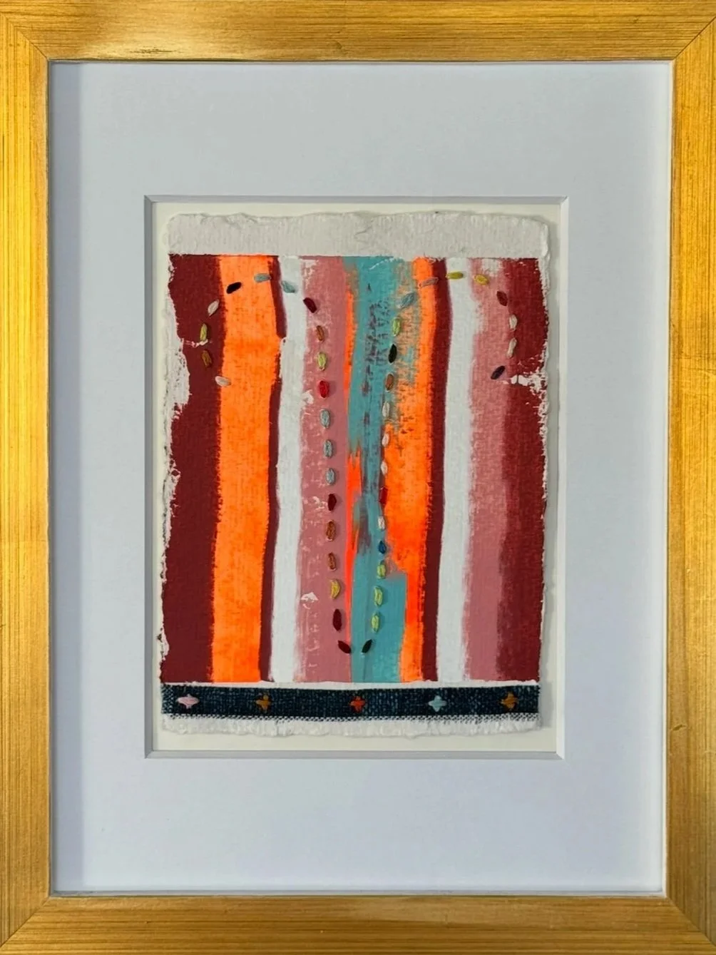 Between the Stars: Aries - Acrylic on Ragged Cotton Paper with Thread Stitching and Torn, Painted Pieces, Mounted in Painted Gold Frame, Finished size 13.5'' x 10.5" (SOLD)