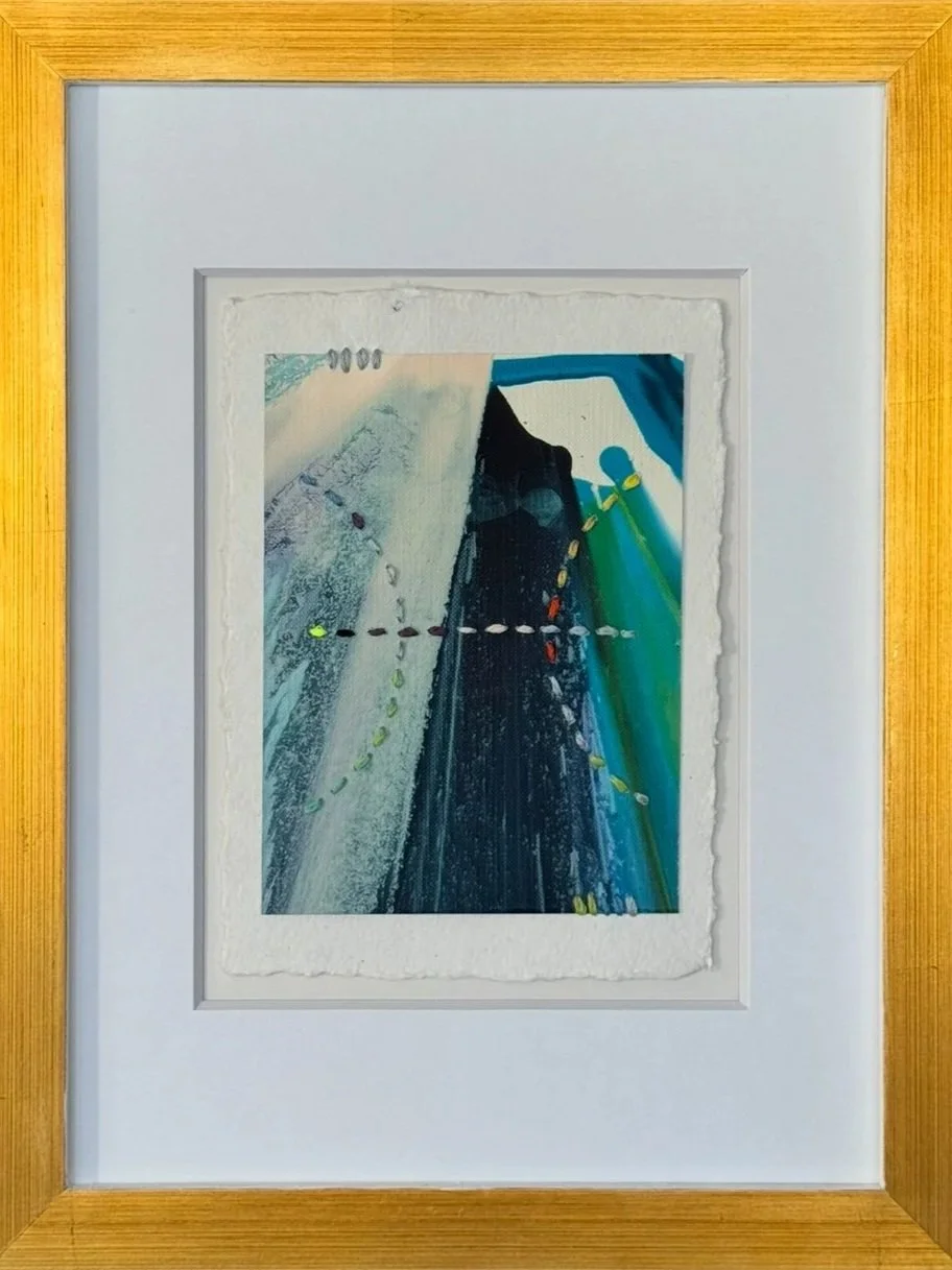 Between the Stars: Pisces - Acrylic on Ragged Cotton Paper with Thread Stitching and Torn, Painted Pieces, Mounted in Painted Gold Frame, Finished size 13.5'' x 10.5" (SOLD)