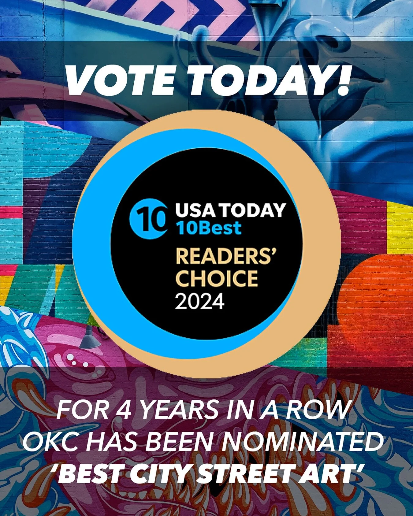 🗳 GO VOTE FOR OKC TODAY!!! 🤩
We are super proud to see Oklahoma City being nominated year after year in the &lsquo;BEST CITY FOR STREET ART&rsquo; category in the USA Today @10best readers poll!!! This is the 4th year in a row our awesome city has 