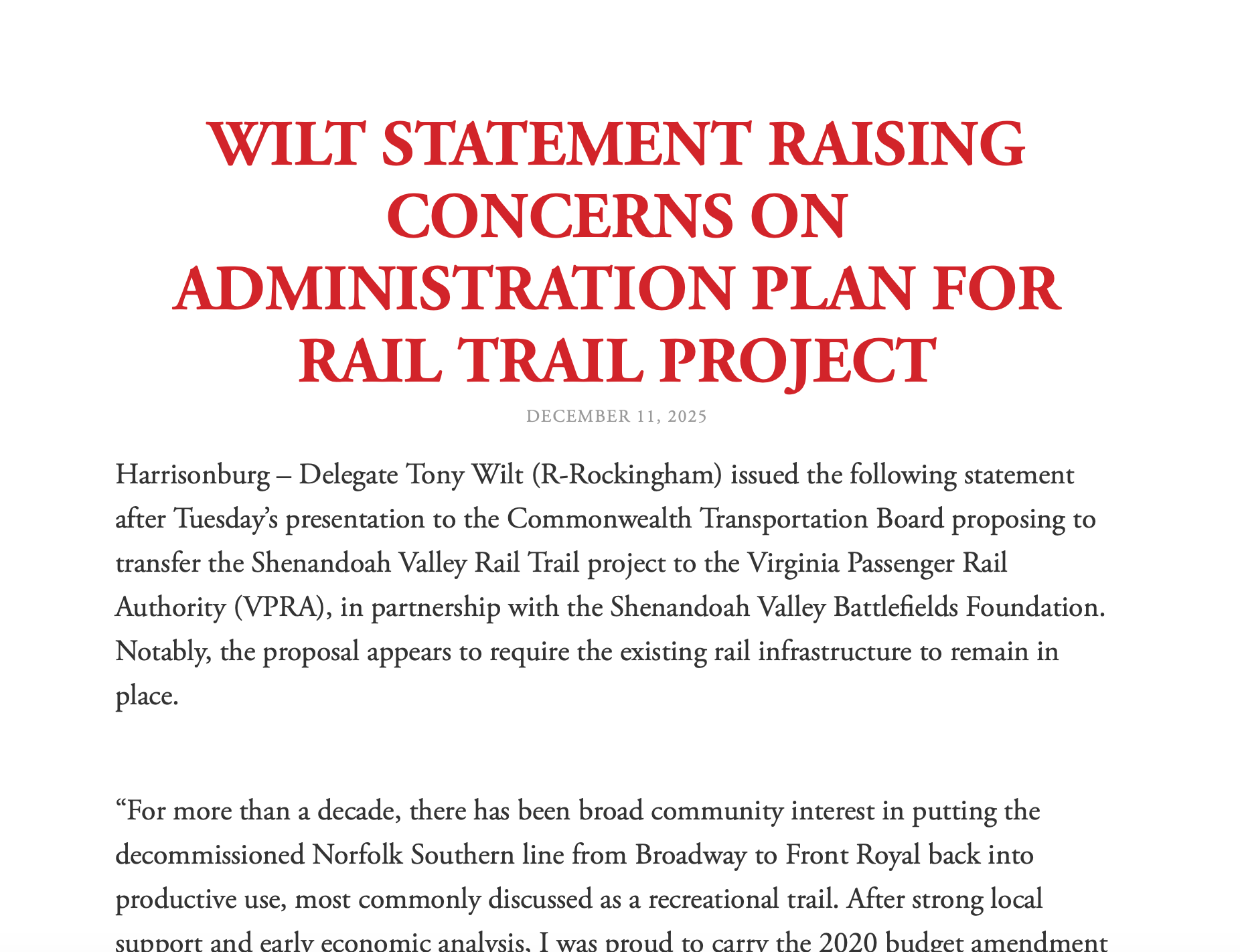 Delegate Wilt Statement Raising Concerns on Administration Plan for Rail Trail Project