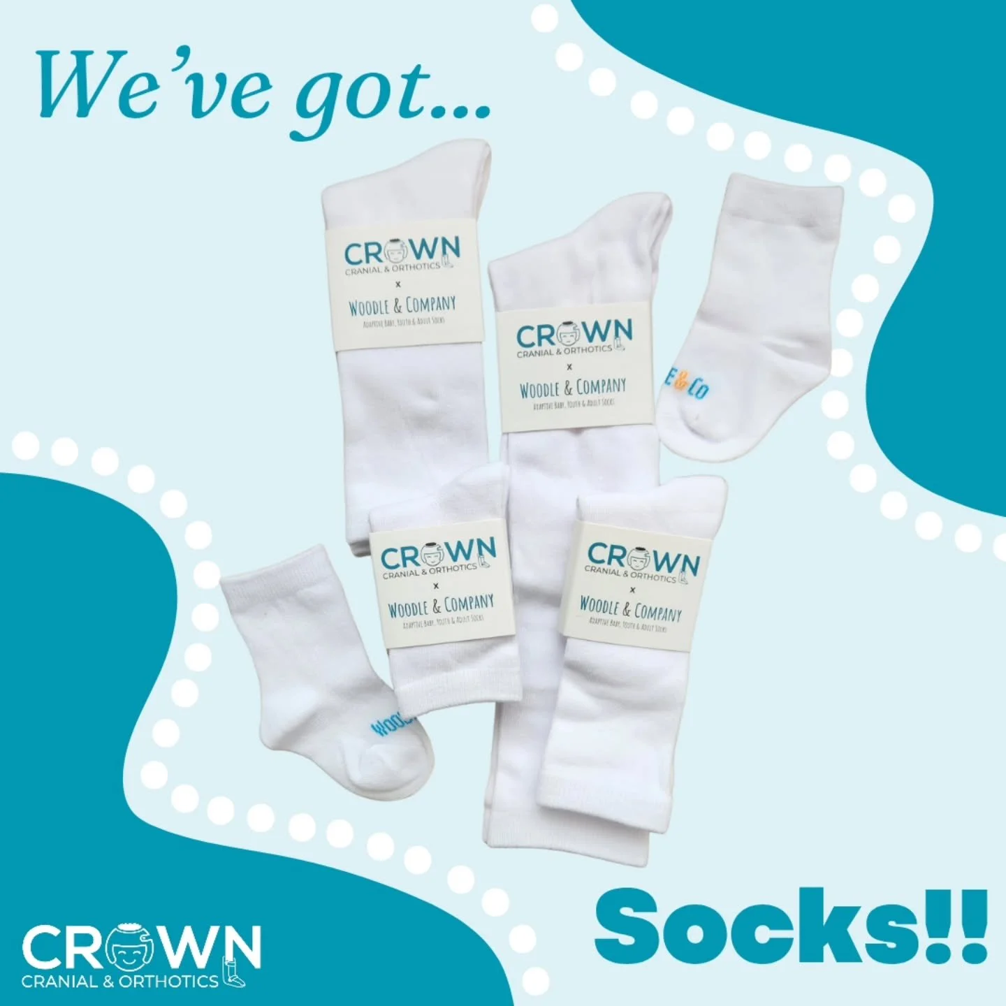 We are so excited for our collaboration with Woodle & Company to offer our patients socks in all sizes to fit big kids through newborns. These socks have a seamless toe for a smooth, sensory-friendly fit and are made of a soft, breathable materia