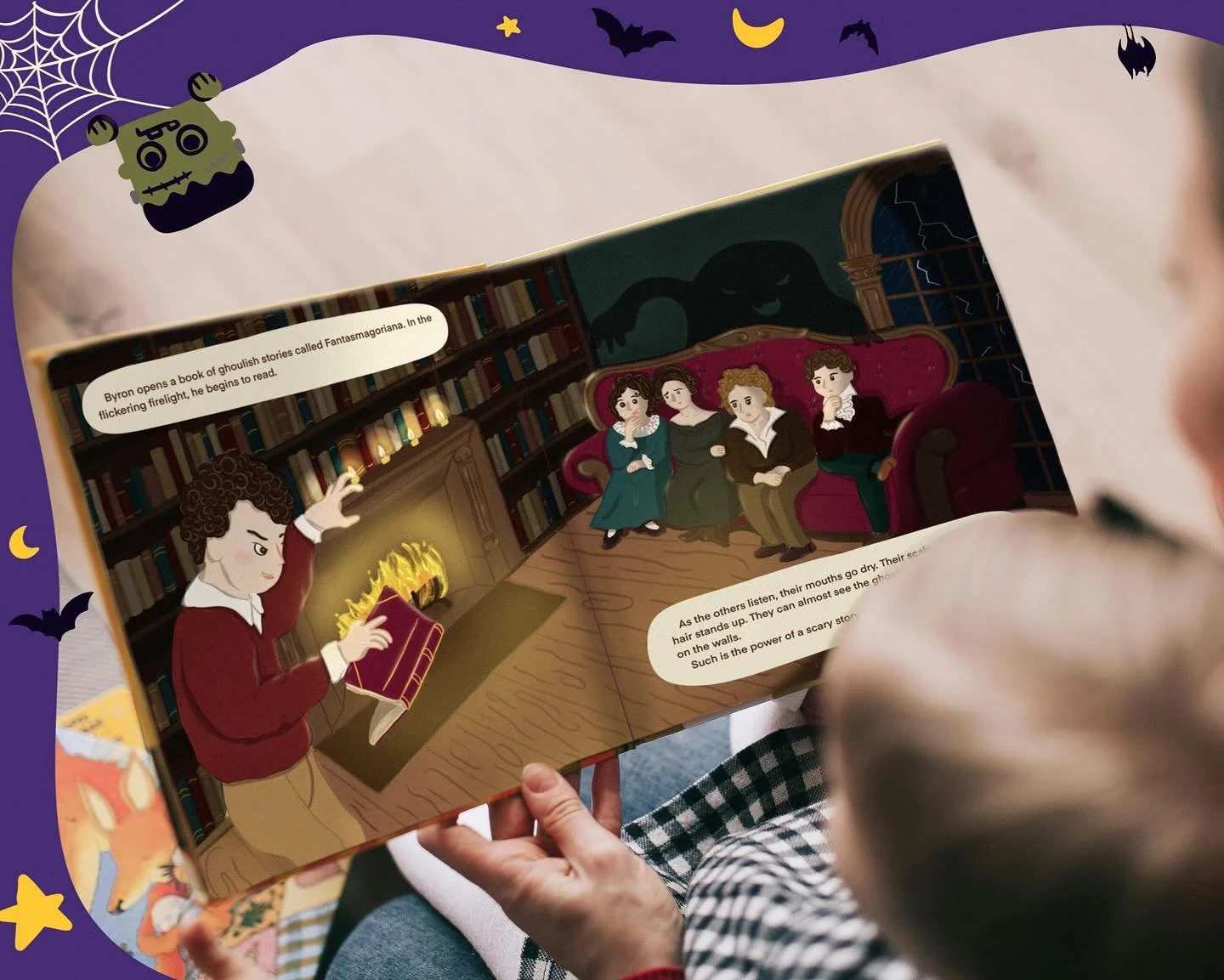 Happy Halloween! 🎃🕯️
 Here&rsquo;s a moody picture book spread I created for my picture book class. The manuscript is based on &ldquo;Mary Who Wrote Frankenstein&rdquo; by Linda Bailey. I loved leaning into the details of the books, molding, couch,