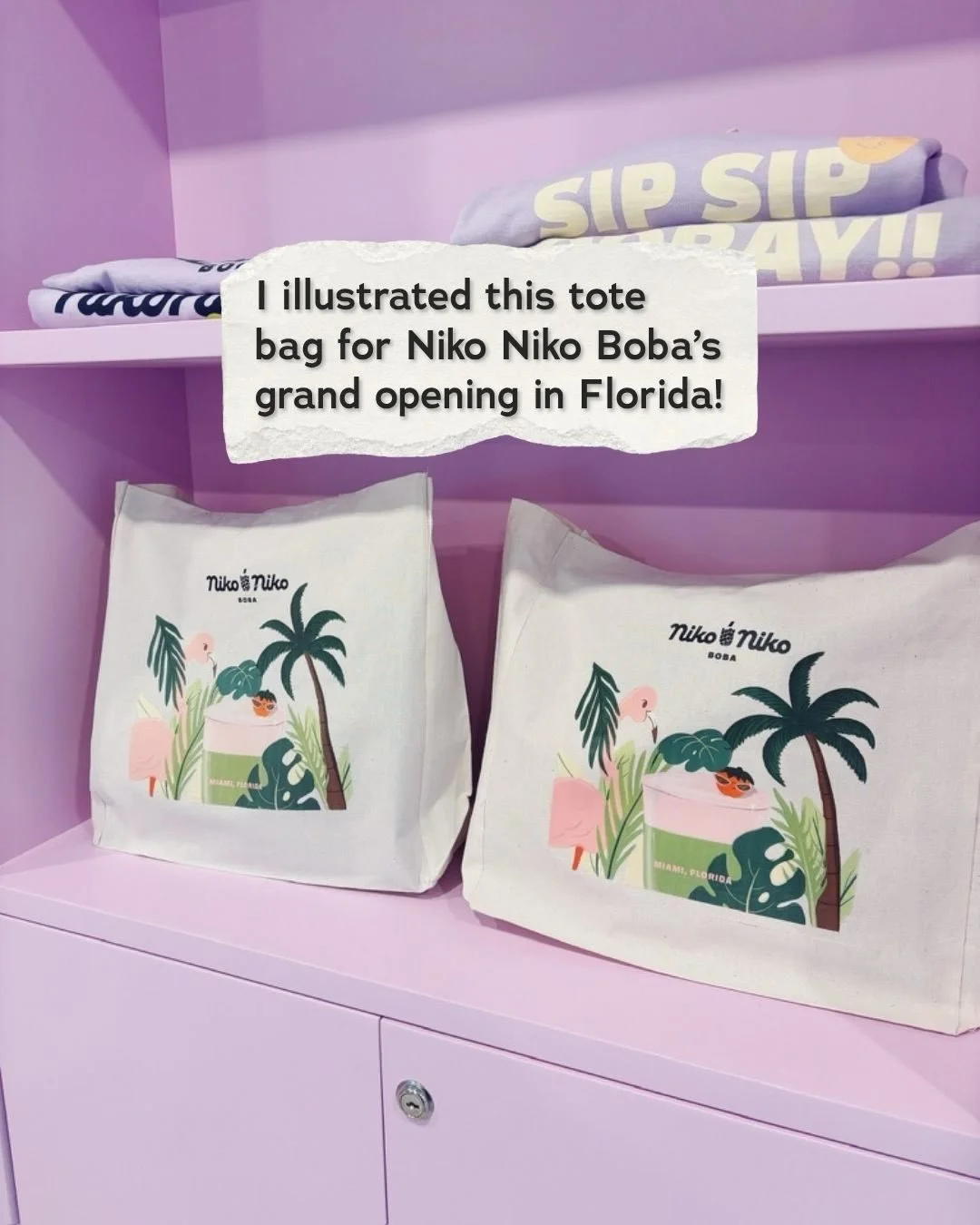 Illustrated a tote bag for @nikonikoboba🧋☀️ a beloved Minnesota boba shop, expanding to Florida! They ran a giveaway to celebrate their grand opening, and I get to make the art people actually want to carry around. 

This was such a fun one to work 