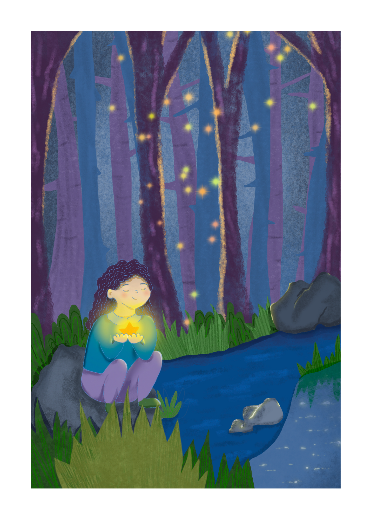 Illustration of a girl with curly hair sitting on a rock by a stream in a forest at night, holding a glowing star with a peaceful expression, surrounded by trees and rocks under a starry sky.