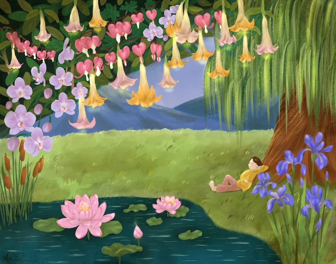 A peaceful illustration with a girl relaxing against a tree trunk near a pond with lotus flowers. Surrounding her are various colorful flowers hanging from a tree. Titled "Give yourself time to grow". 