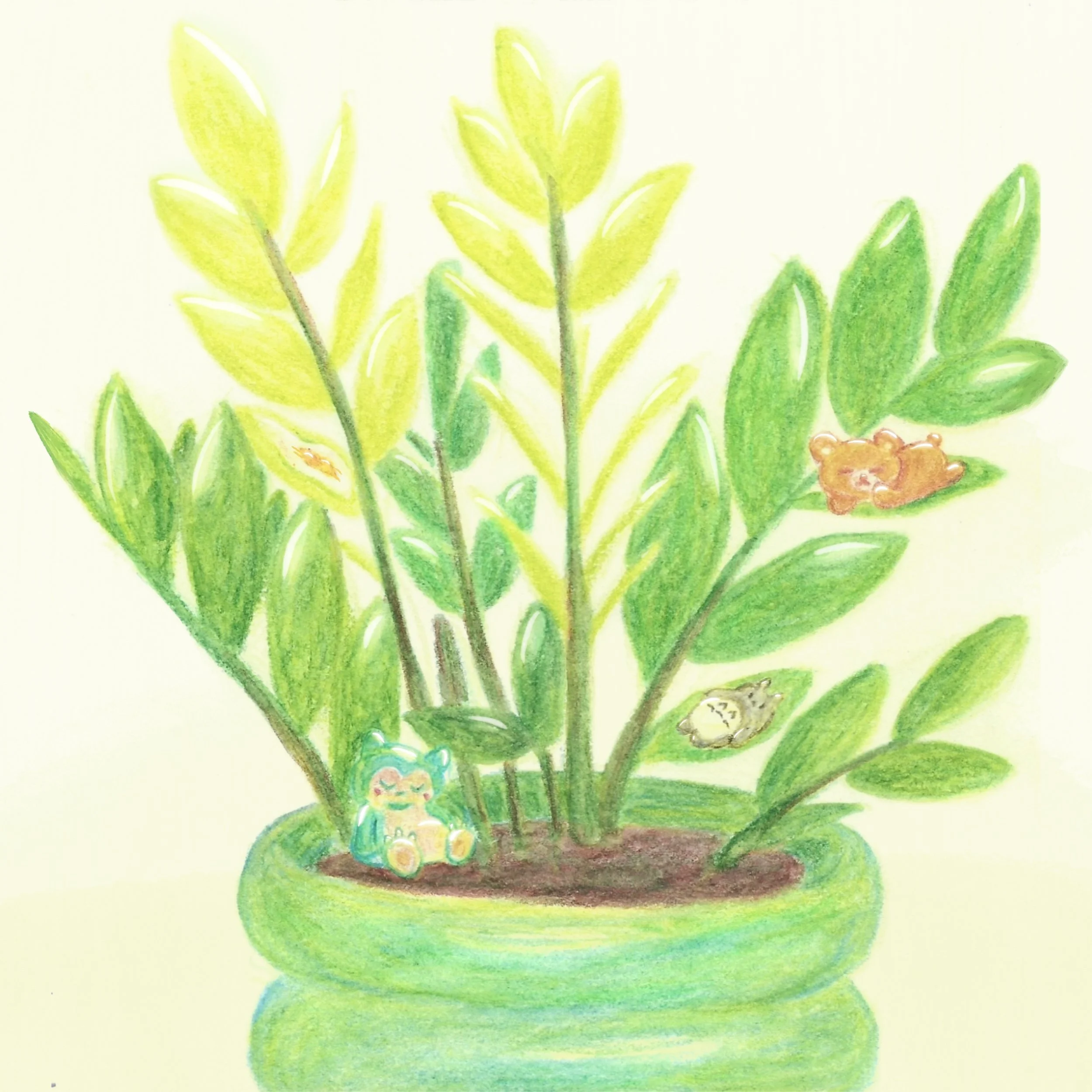 Color pencil illustration of potted zz plant with pop characters sleeping around it. 