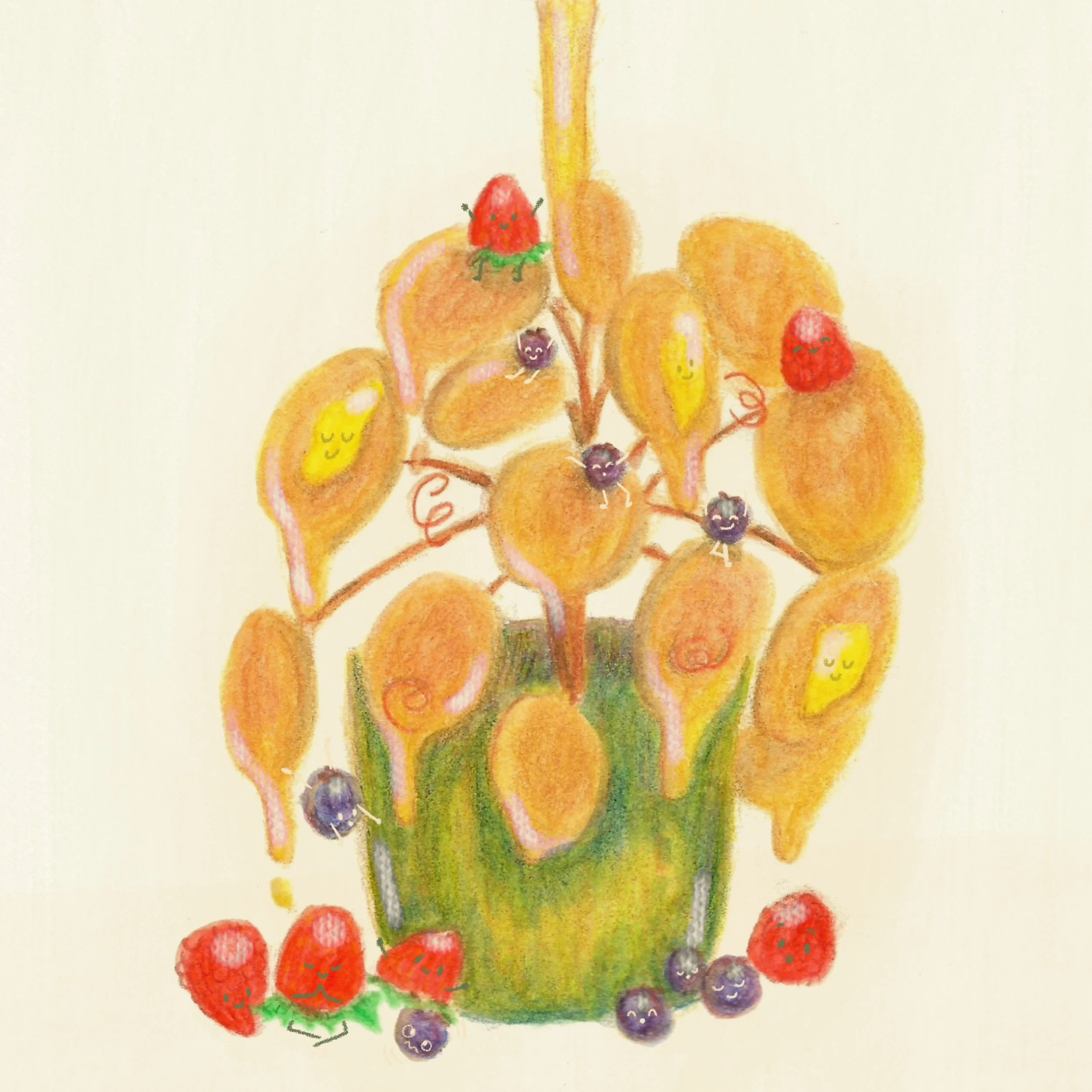 Color pencil illustration of a pancake plant turned into pancakes with cute, smiling berries, strawberries, and butter attached to it. The drawing has a playful and whimsical style with bright colors.
