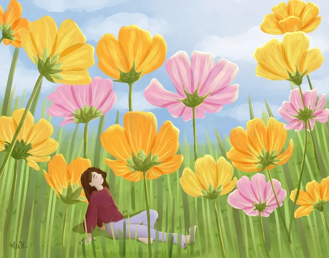Illustration of a girl with brown hair and a pink sweater relaxing and sitting on the grass among towering colorful flowers in a bright outdoor setting. Titled 'Bloom where you're planted'. 