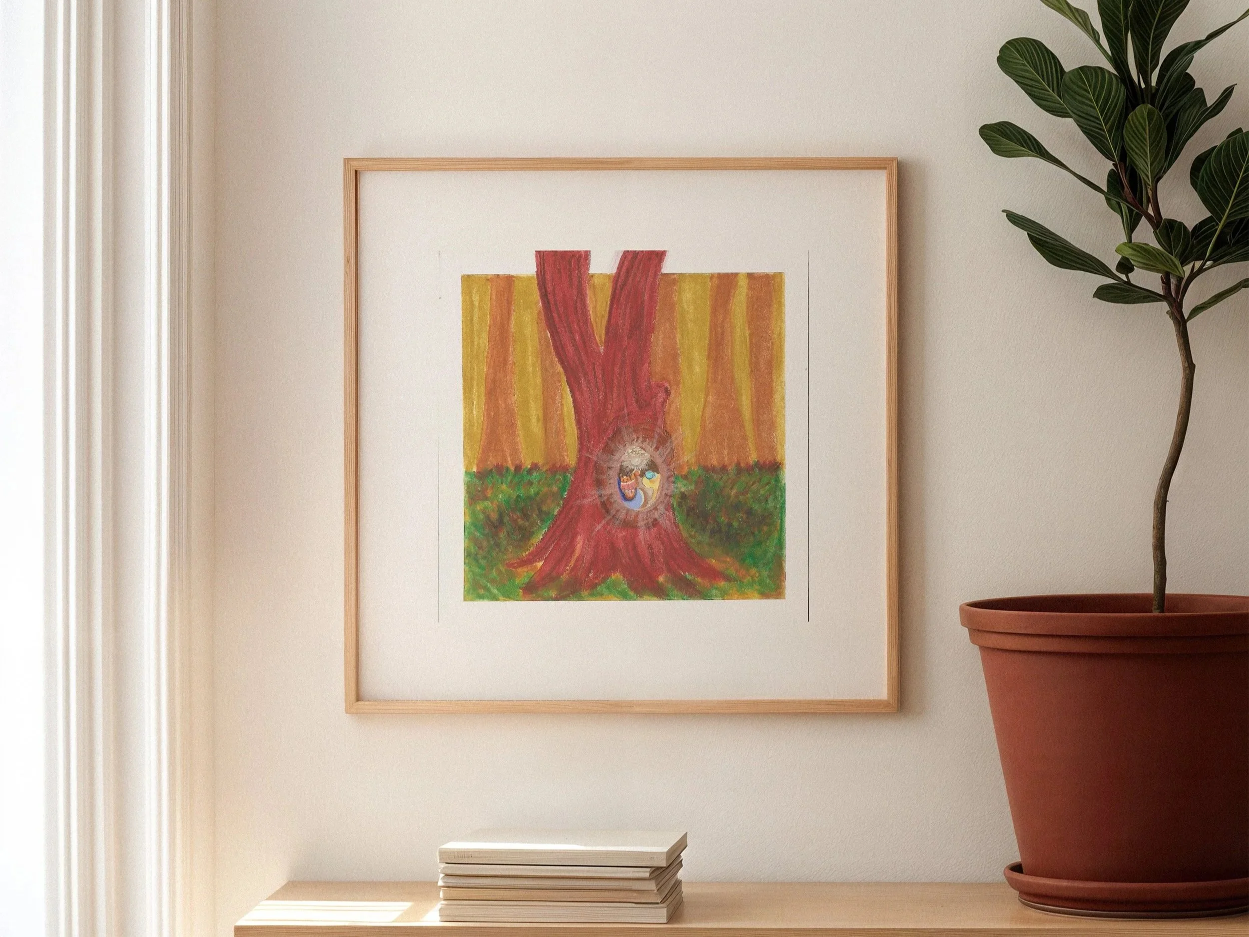 Illustration of Squirrel Reading in Tree Hollow