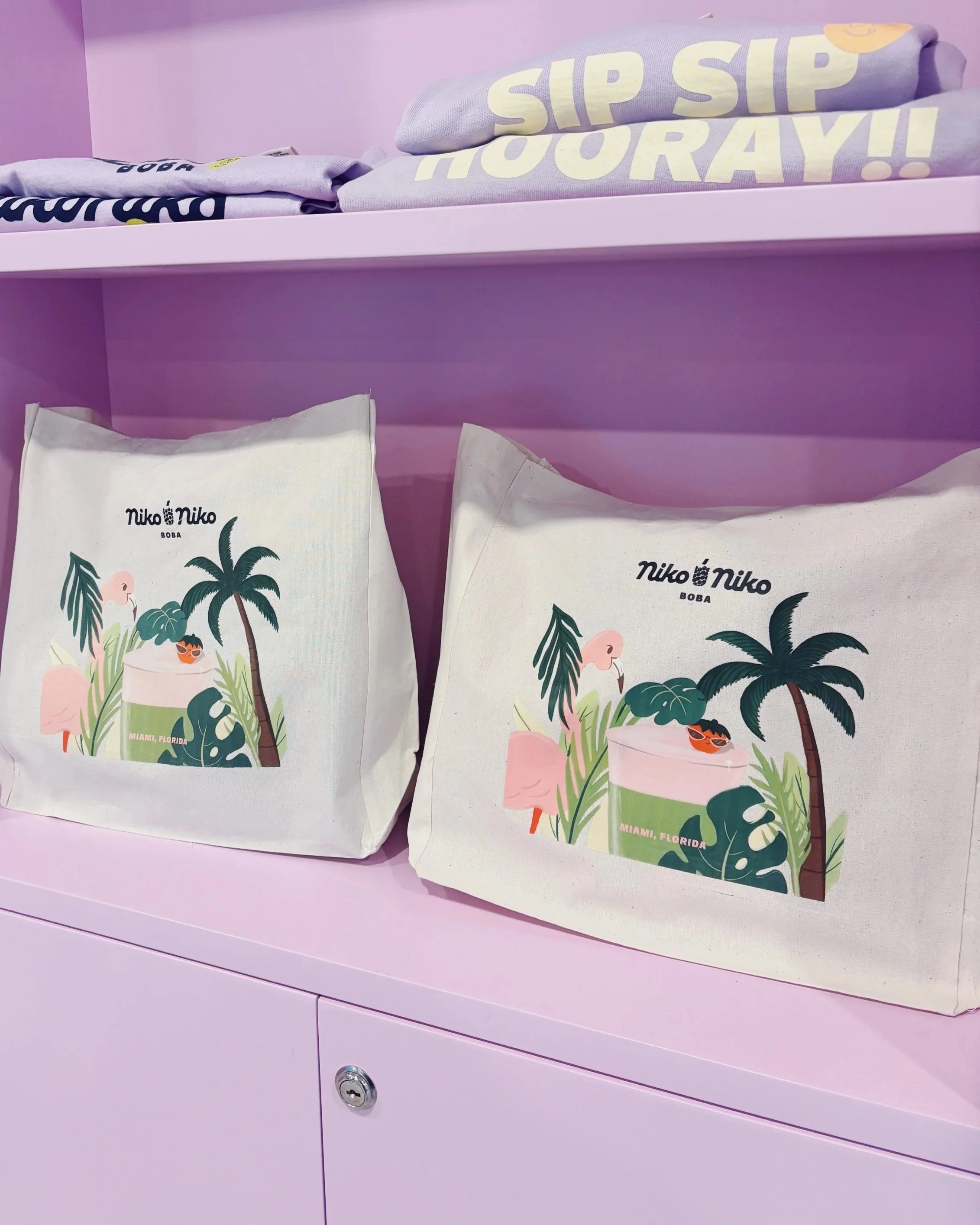 illustration of strawberry chilling in boba cup with florida vibes for Niko Niko grand opening