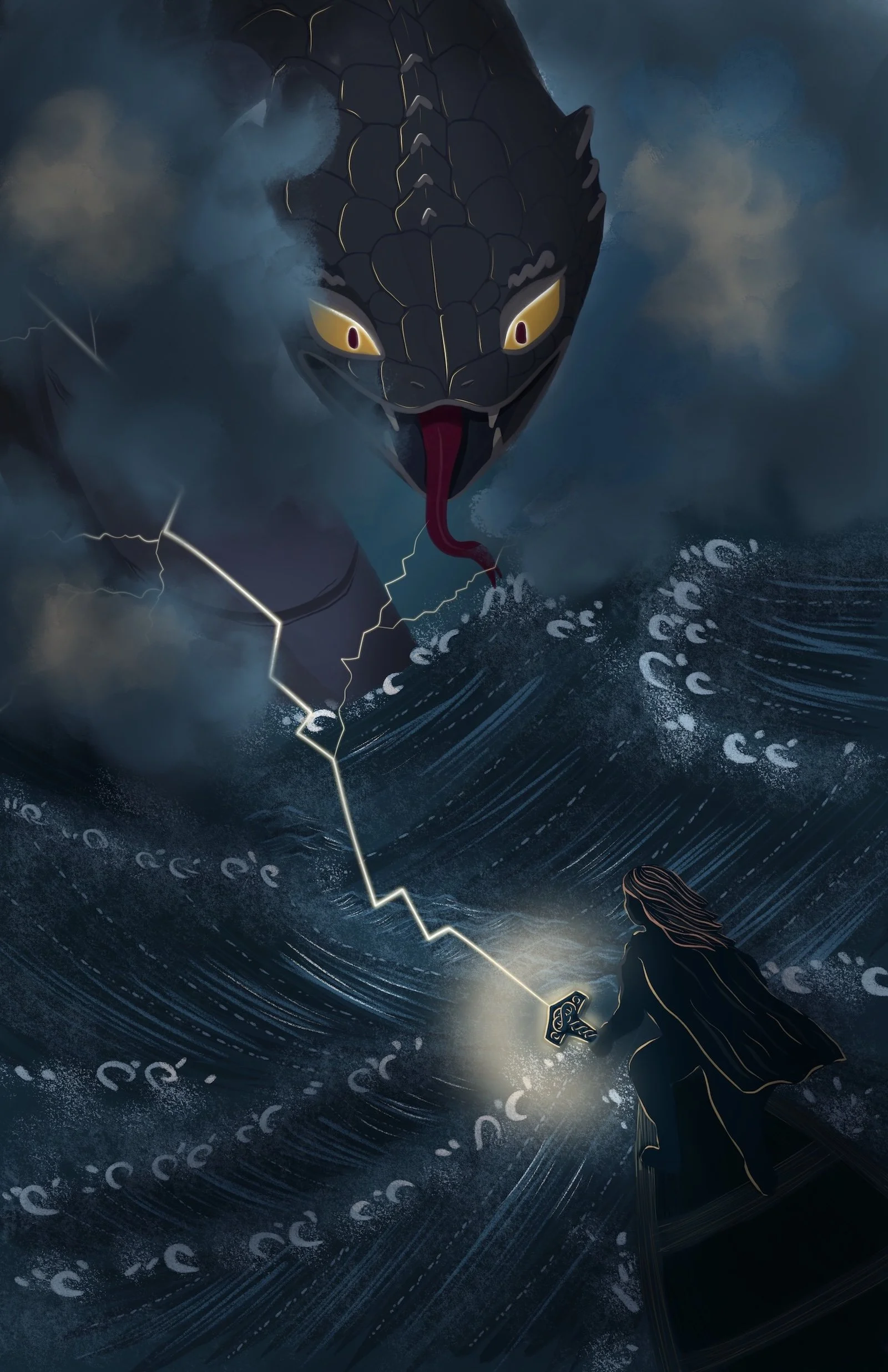 Illustration of Thor vs Jormungandr in the night among crashing waves. The waves are detailed in morse code. 