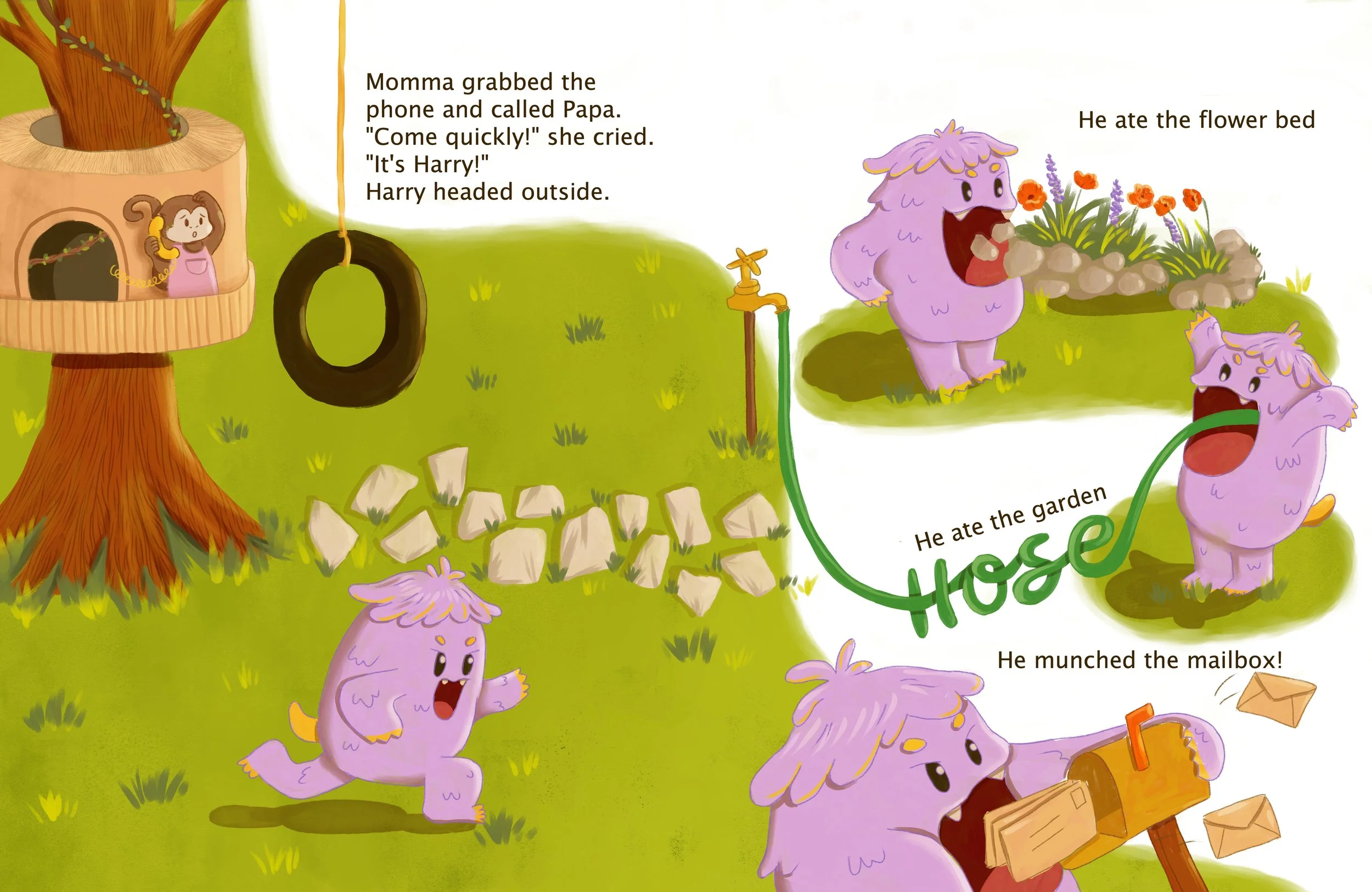 Picture book spread with spots of a story scene with a large tree house, featuring a purple hairy hungry monster. 